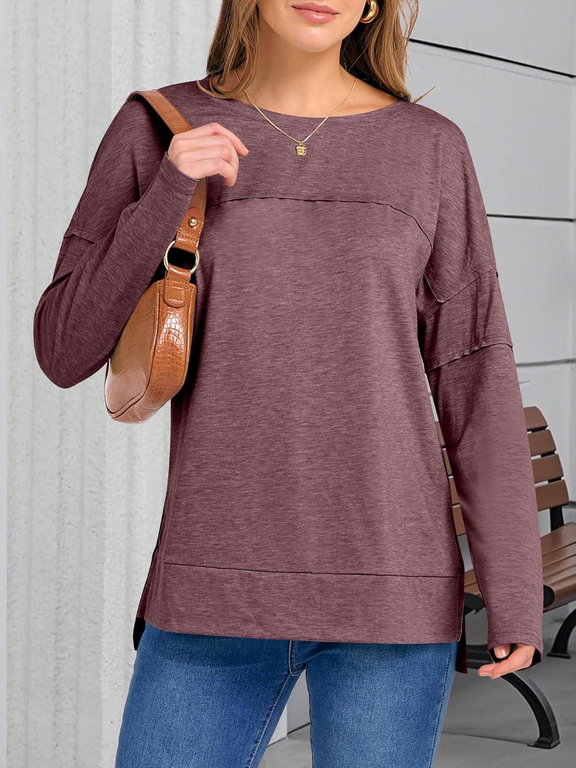 imageANRABESS Womens Long Sleeve T Shirts Split Side Tunic Tops 2025 Fall OutfitsBurgundy