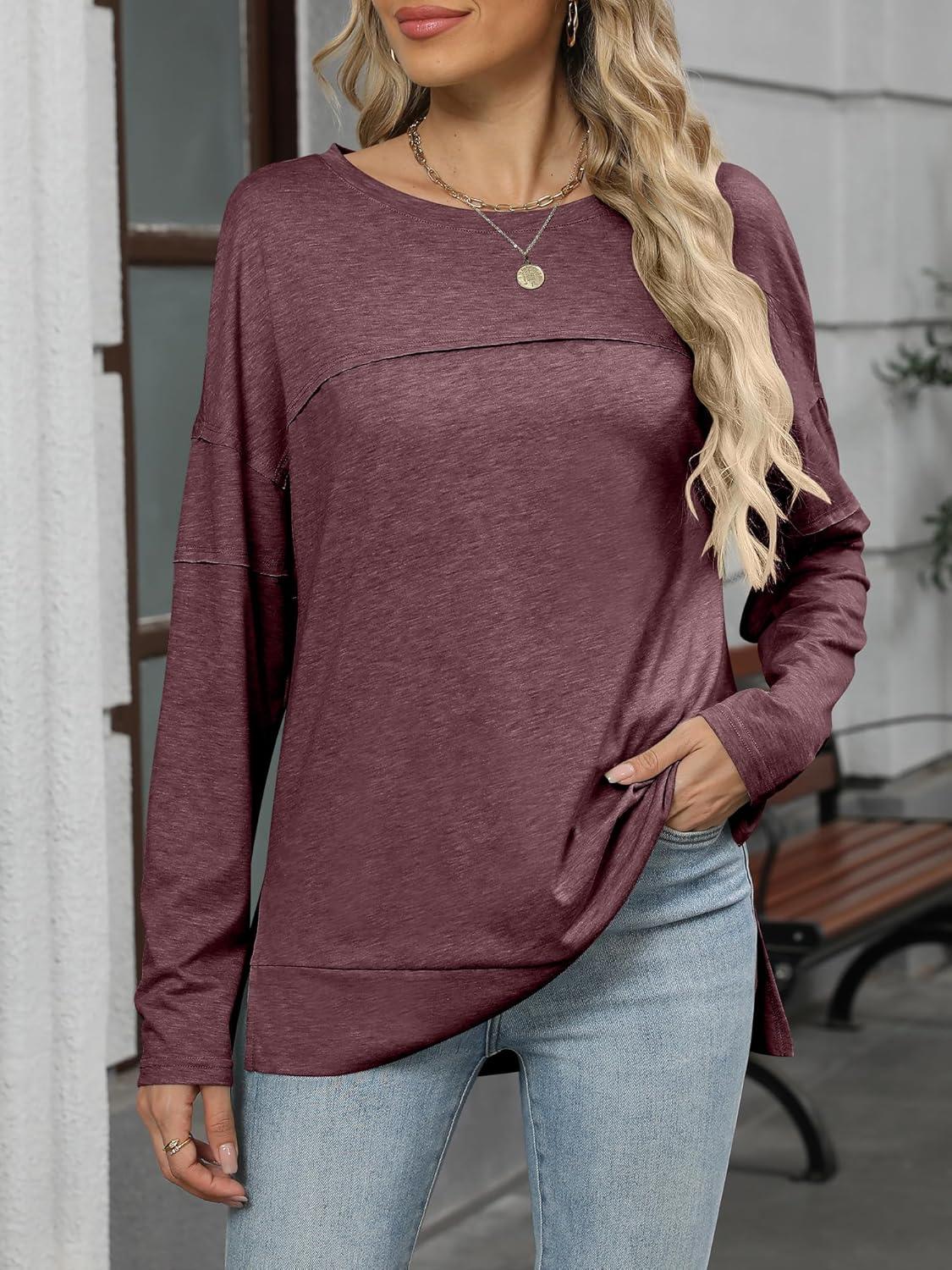 imageANRABESS Womens Long Sleeve T Shirts Split Side Tunic Tops 2025 Fall OutfitsBurgundy