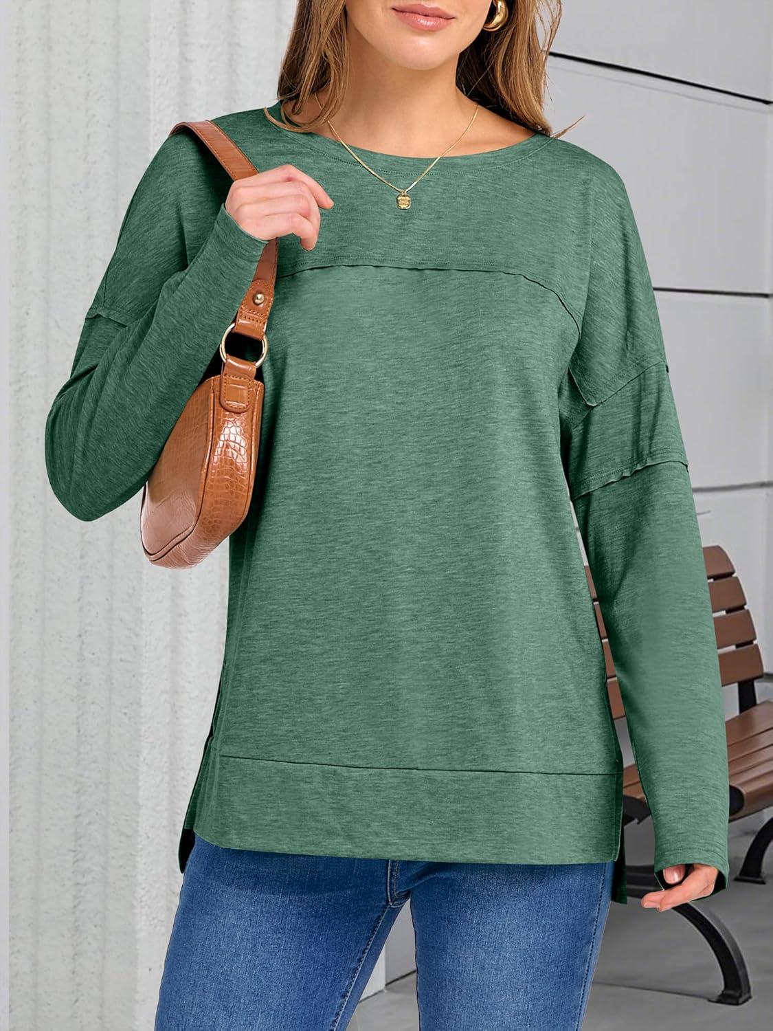 imageANRABESS Womens Long Sleeve T Shirts Split Side Tunic Tops 2025 Fall OutfitsGreen