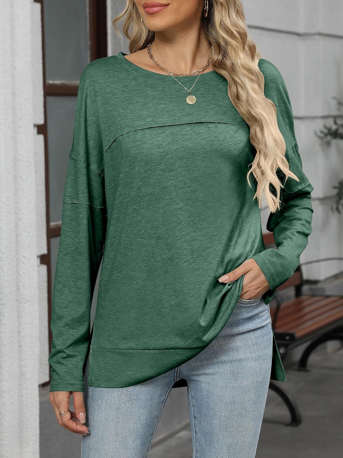 imageANRABESS Womens Long Sleeve T Shirts Split Side Tunic Tops 2025 Fall OutfitsGreen
