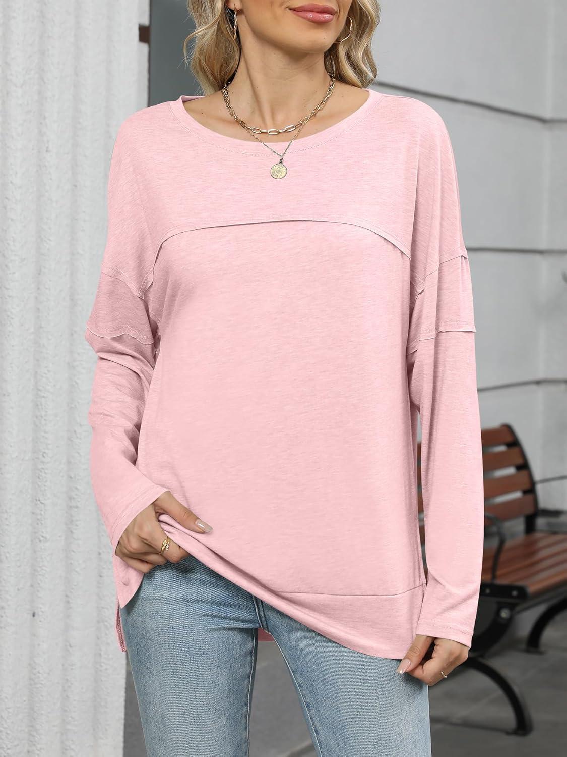 imageANRABESS Womens Long Sleeve T Shirts Split Side Tunic Tops 2025 Fall OutfitsPink