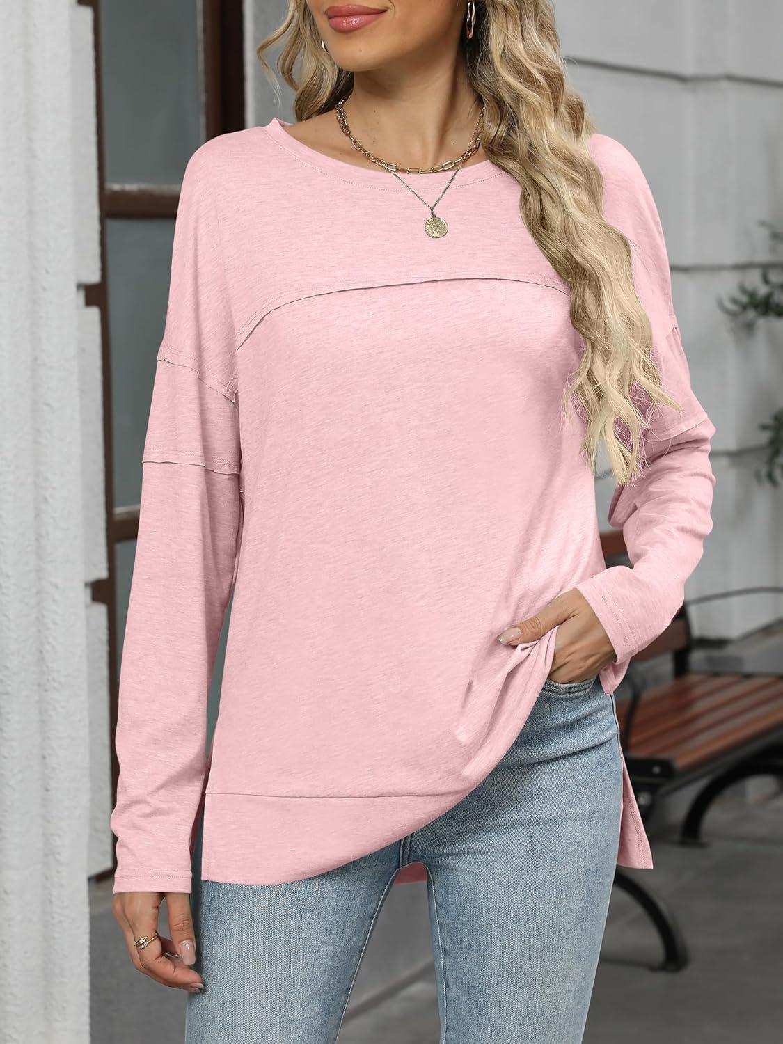 imageANRABESS Womens Long Sleeve T Shirts Split Side Tunic Tops 2025 Fall OutfitsPink