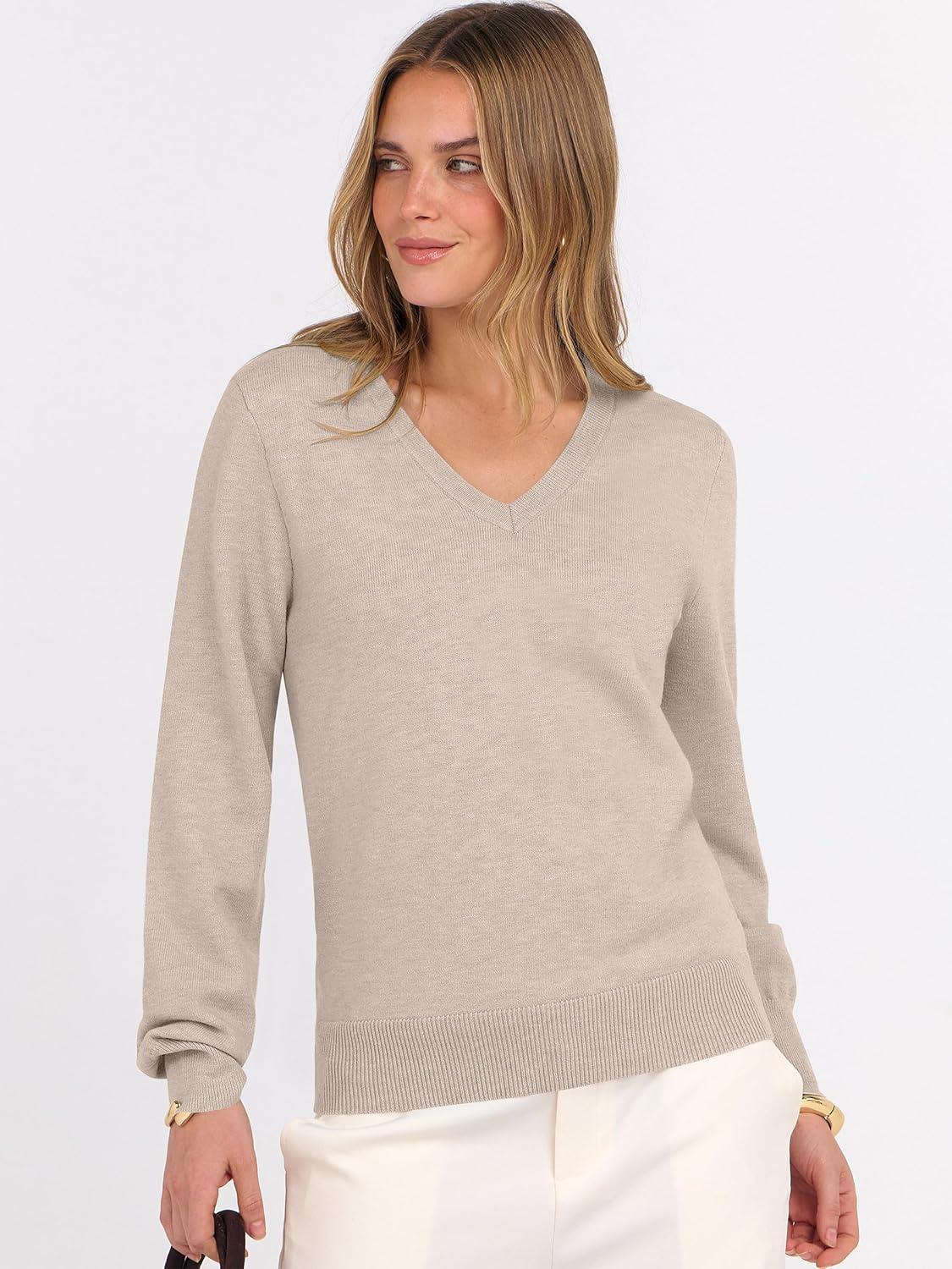 imageANRABESS Womens Long Sleeve V Neck Sweaters 2025 Fall Casual Classic Soft Loose Fit Basic Pullover Jumper TopAlmond