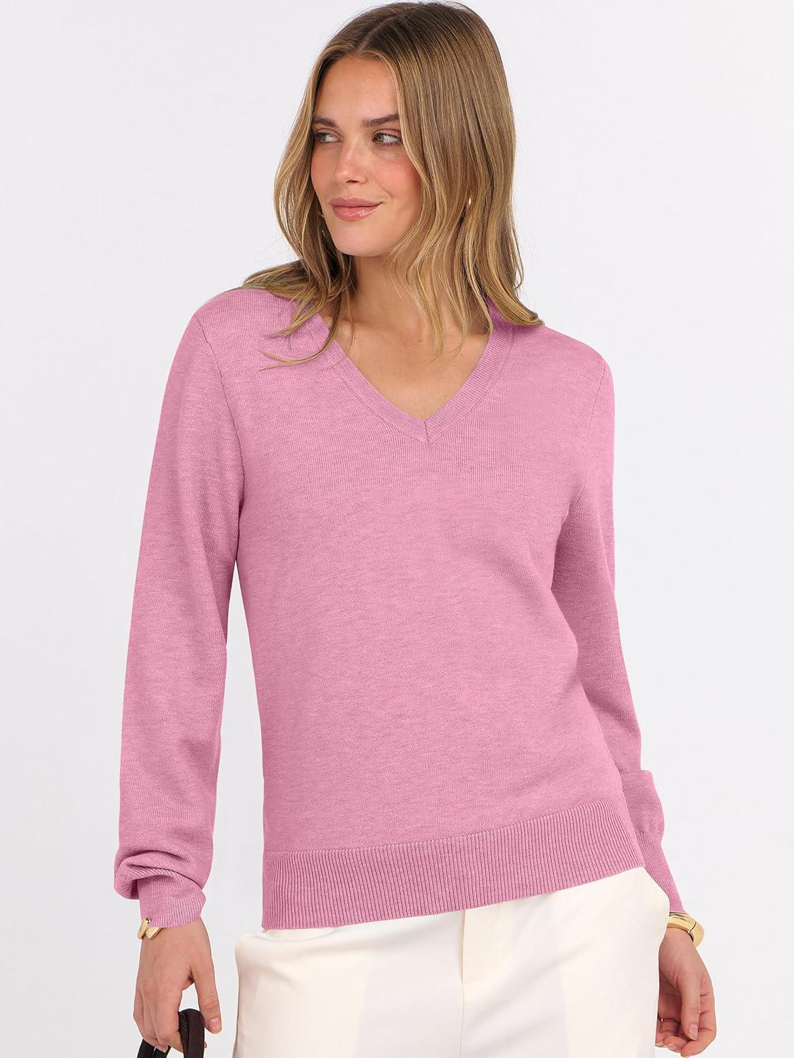 imageANRABESS Womens Long Sleeve V Neck Sweaters 2025 Fall Casual Classic Soft Loose Fit Basic Pullover Jumper TopCoral Pink