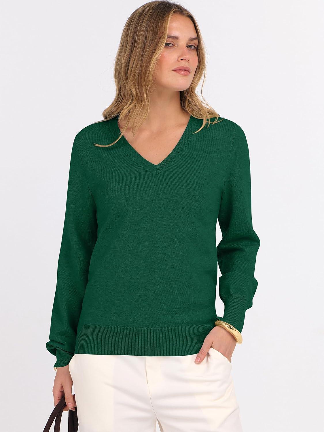 imageANRABESS Womens Long Sleeve V Neck Sweaters 2025 Fall Casual Classic Soft Loose Fit Basic Pullover Jumper TopDark Forest Green