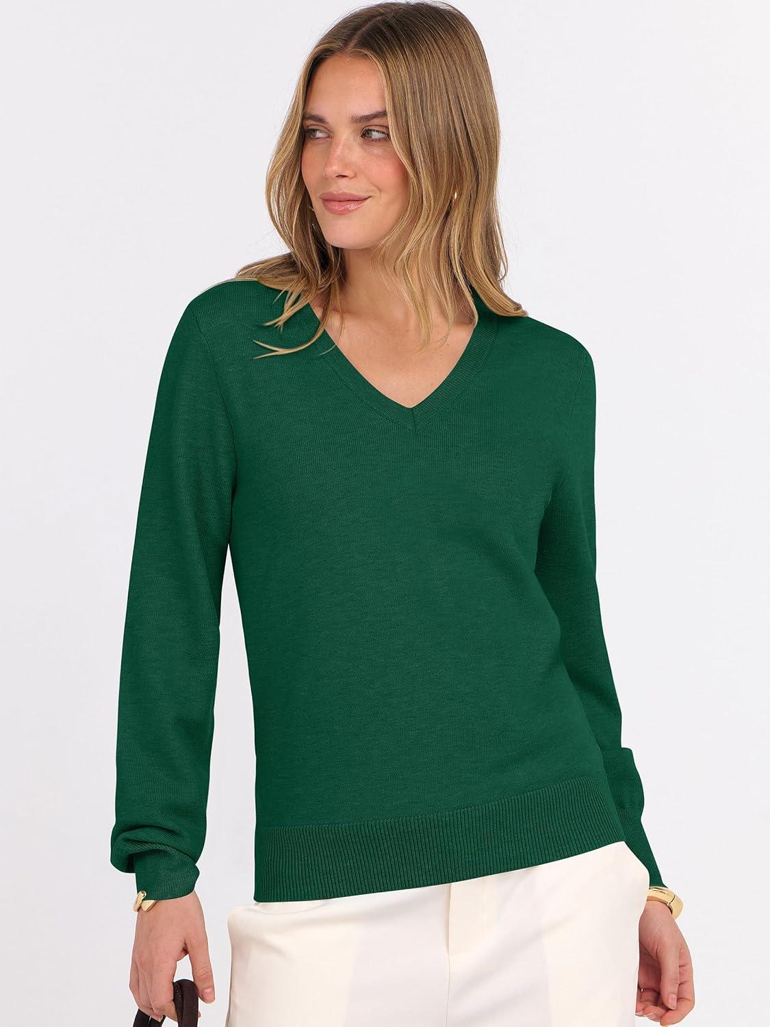 imageANRABESS Womens Long Sleeve V Neck Sweaters 2025 Fall Casual Classic Soft Loose Fit Basic Pullover Jumper TopDark Forest Green