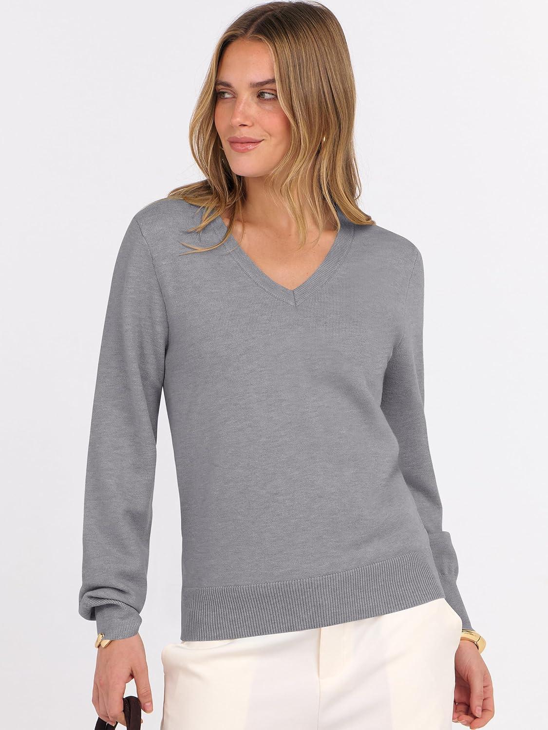 imageANRABESS Womens Long Sleeve V Neck Sweaters 2025 Fall Casual Classic Soft Loose Fit Basic Pullover Jumper TopGrey