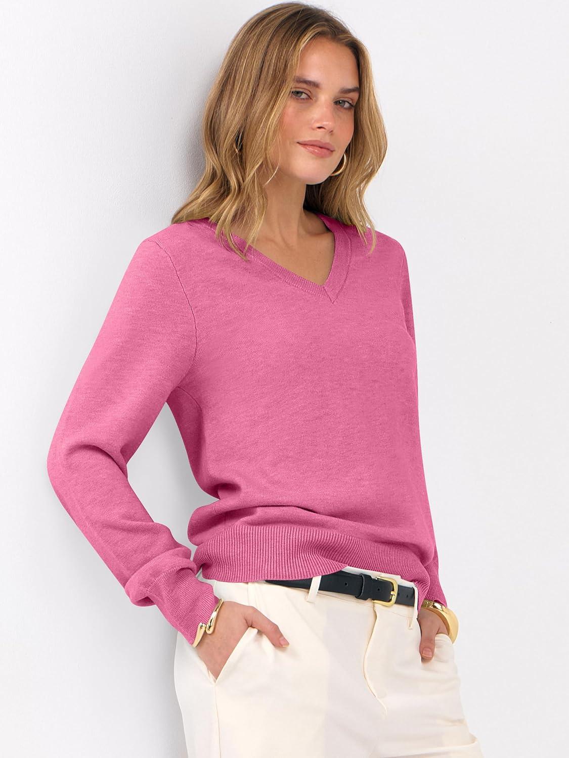 imageANRABESS Womens Long Sleeve V Neck Sweaters 2025 Fall Casual Classic Soft Loose Fit Basic Pullover Jumper TopHot Pink