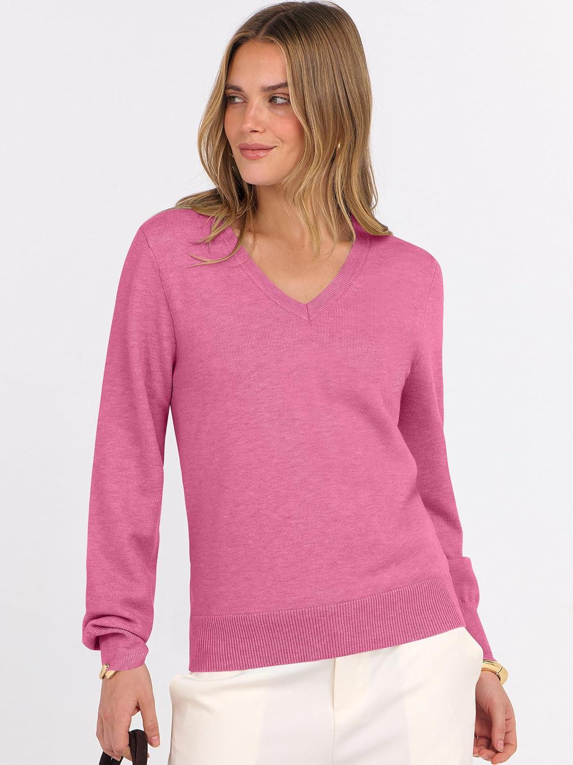 imageANRABESS Womens Long Sleeve V Neck Sweaters 2025 Fall Casual Classic Soft Loose Fit Basic Pullover Jumper TopHot Pink