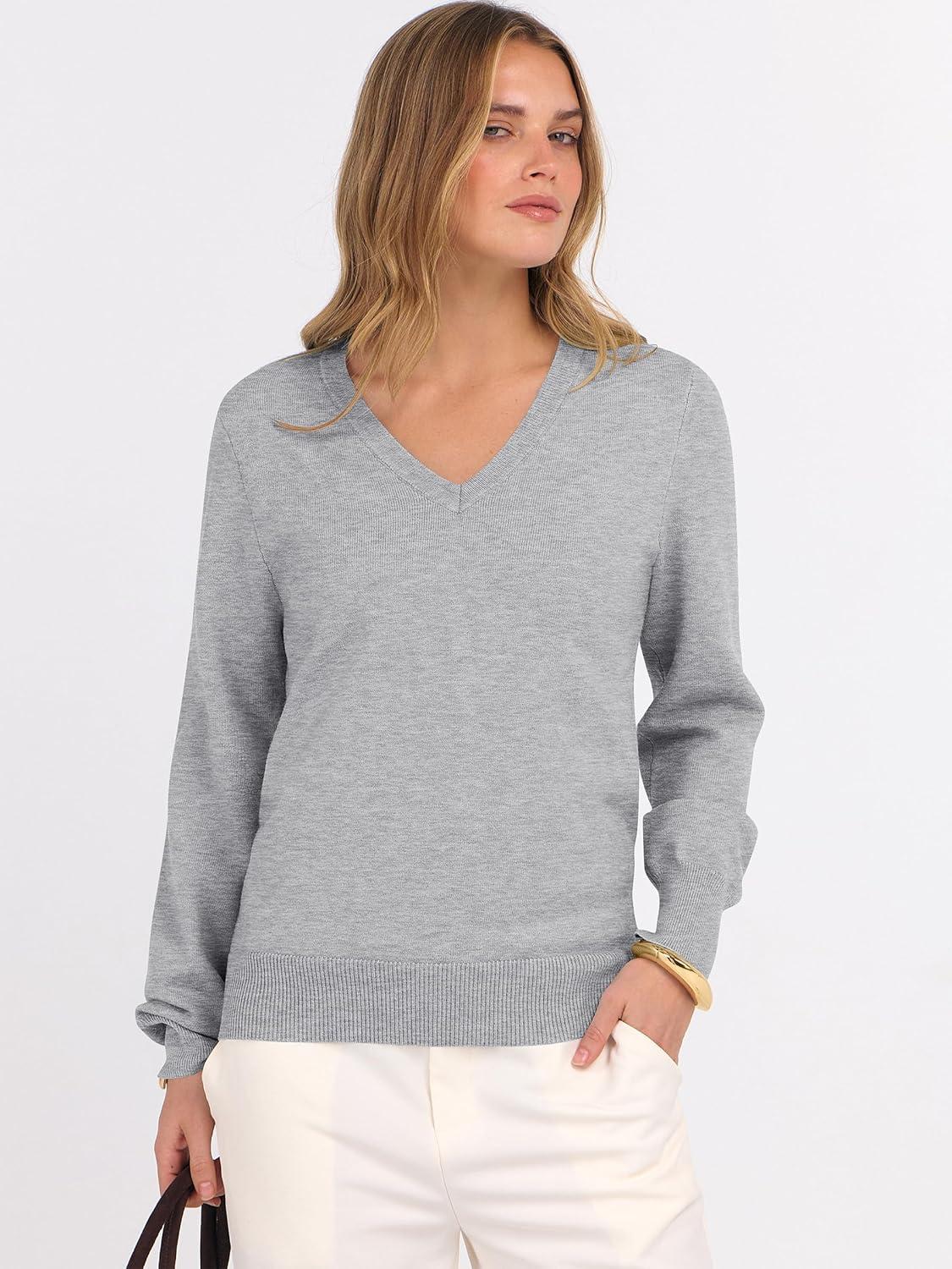 imageANRABESS Womens Long Sleeve V Neck Sweaters 2025 Fall Casual Classic Soft Loose Fit Basic Pullover Jumper TopLight Grey
