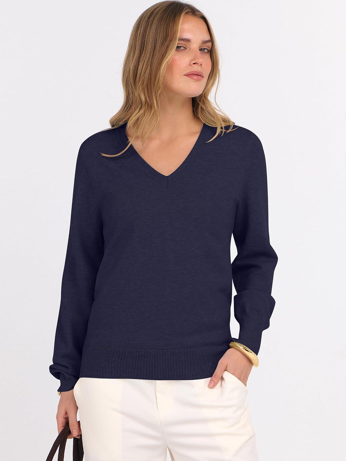 imageANRABESS Womens Long Sleeve V Neck Sweaters 2025 Fall Casual Classic Soft Loose Fit Basic Pullover Jumper TopNavy Blue