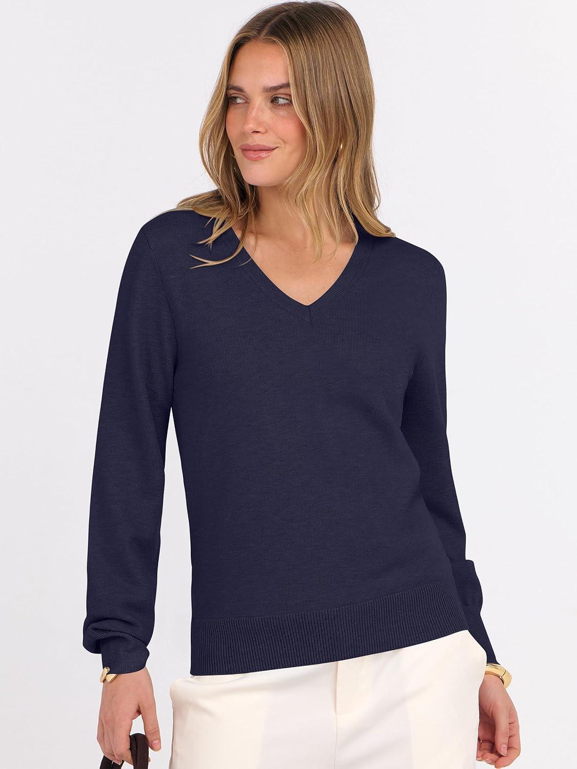 imageANRABESS Womens Long Sleeve V Neck Sweaters 2025 Fall Casual Classic Soft Loose Fit Basic Pullover Jumper TopNavy Blue