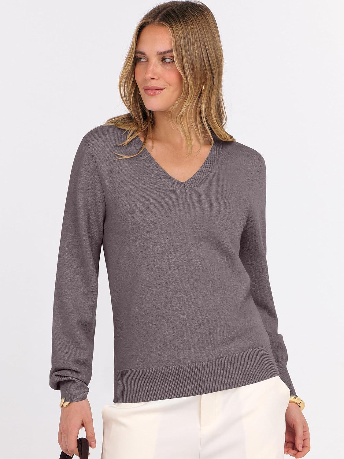 imageANRABESS Womens Long Sleeve V Neck Sweaters 2025 Fall Casual Classic Soft Loose Fit Basic Pullover Jumper TopNutmeg