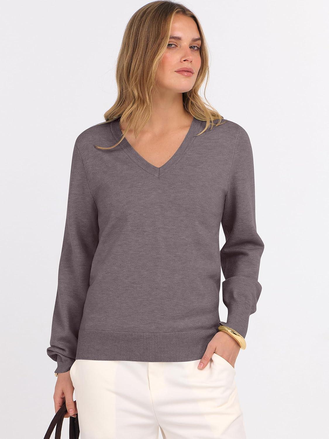 imageANRABESS Womens Long Sleeve V Neck Sweaters 2025 Fall Casual Classic Soft Loose Fit Basic Pullover Jumper TopNutmeg