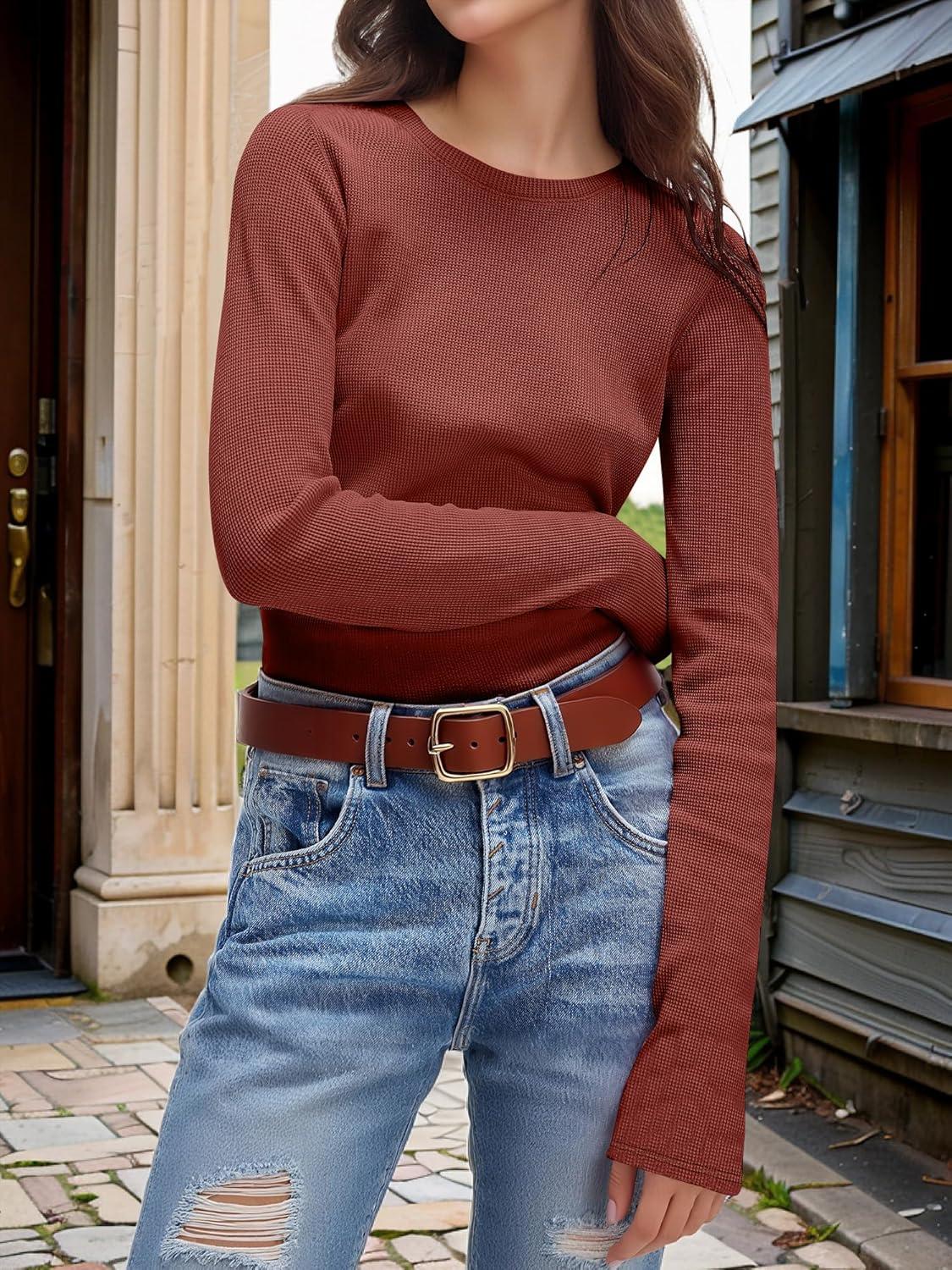 imageANRABESS Womens Long Sleeve Waffle Knit Shirts Casual Slim Fitted Crew Neck Thermal Tops Basic Tee 2025 Fall Trendy OutfitsBirck Red