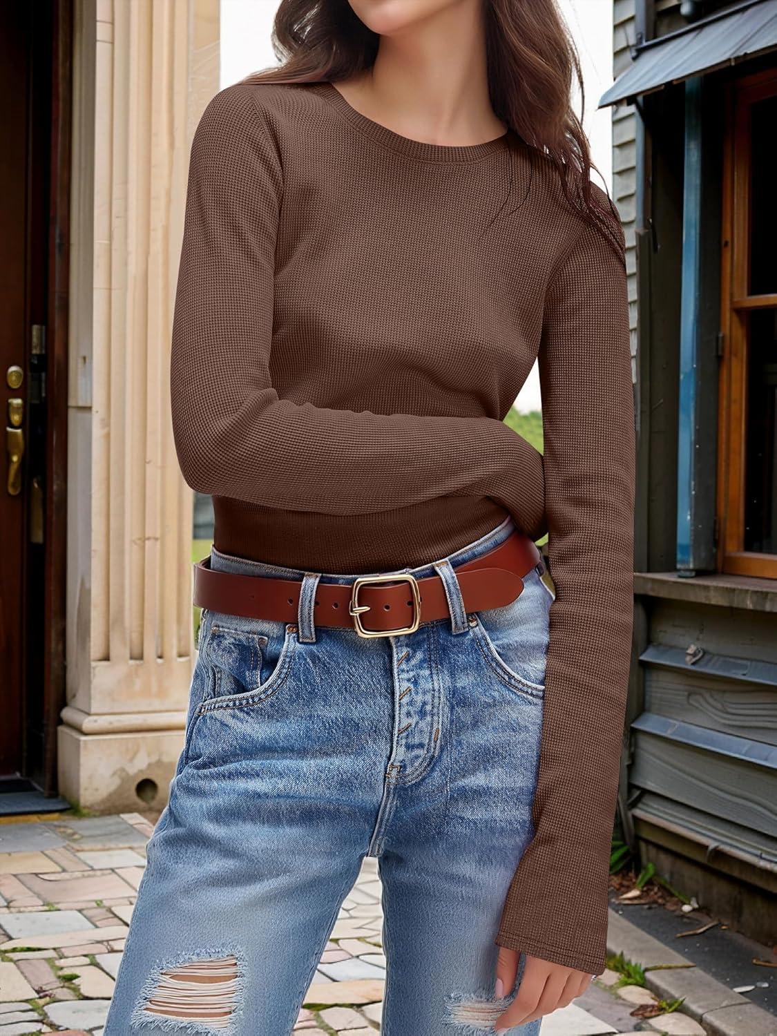 imageANRABESS Womens Long Sleeve Waffle Knit Shirts Casual Slim Fitted Crew Neck Thermal Tops Basic Tee 2025 Fall Trendy OutfitsRed Brown
