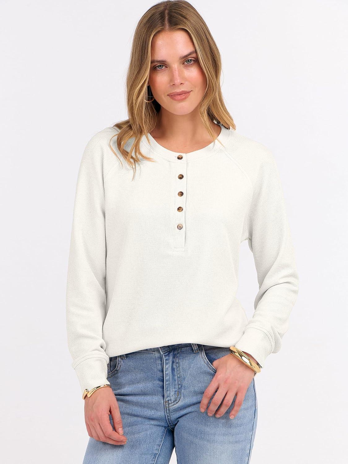 imageANRABESS Womens Long Sleeve Waffle Knit Shirts Dressy Casual Loose Button Up V Neck Henley Tops 2025 Fall Basic Tee BlouseBeige