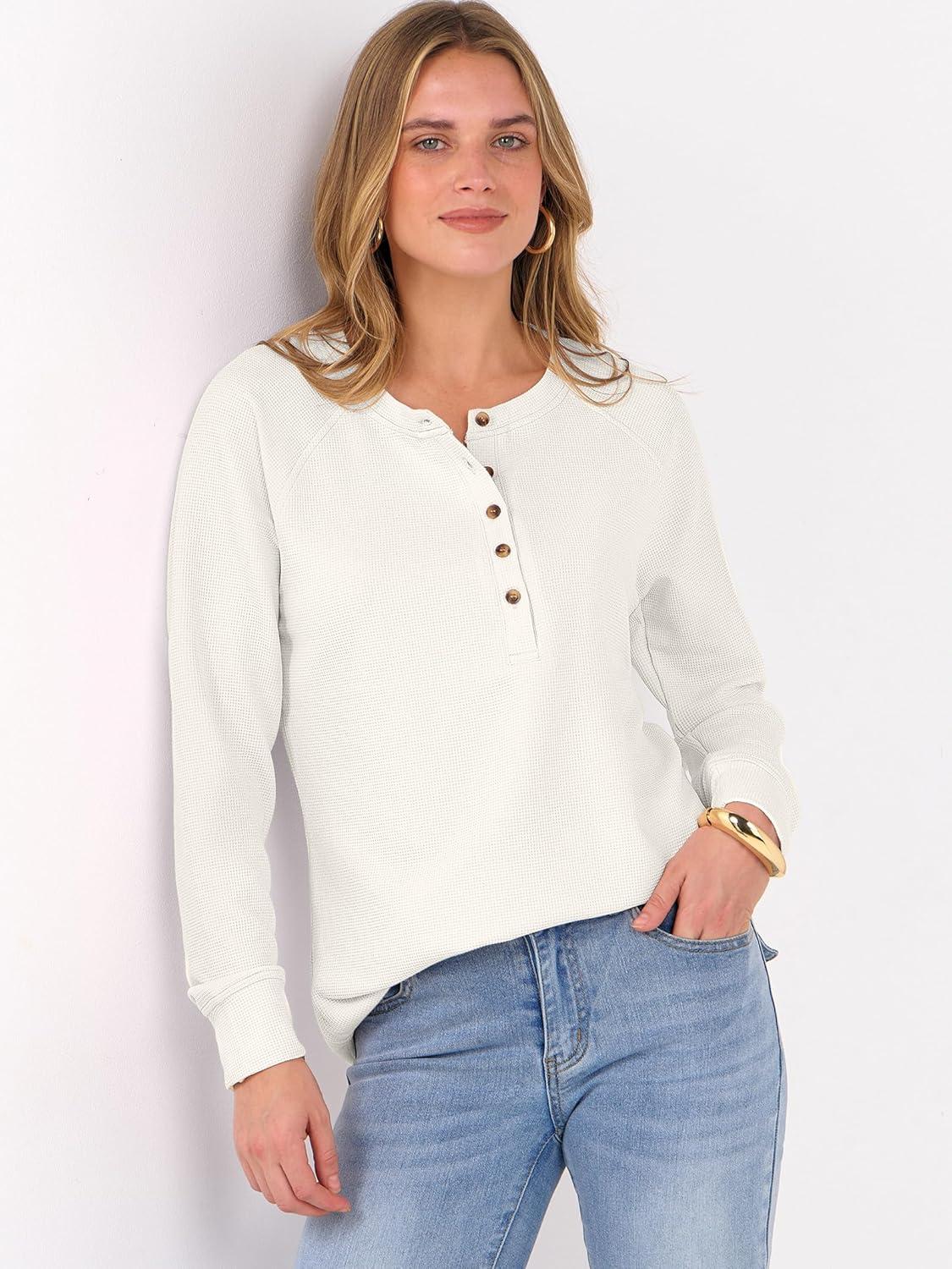 imageANRABESS Womens Long Sleeve Waffle Knit Shirts Dressy Casual Loose Button Up V Neck Henley Tops 2025 Fall Basic Tee BlouseBeige