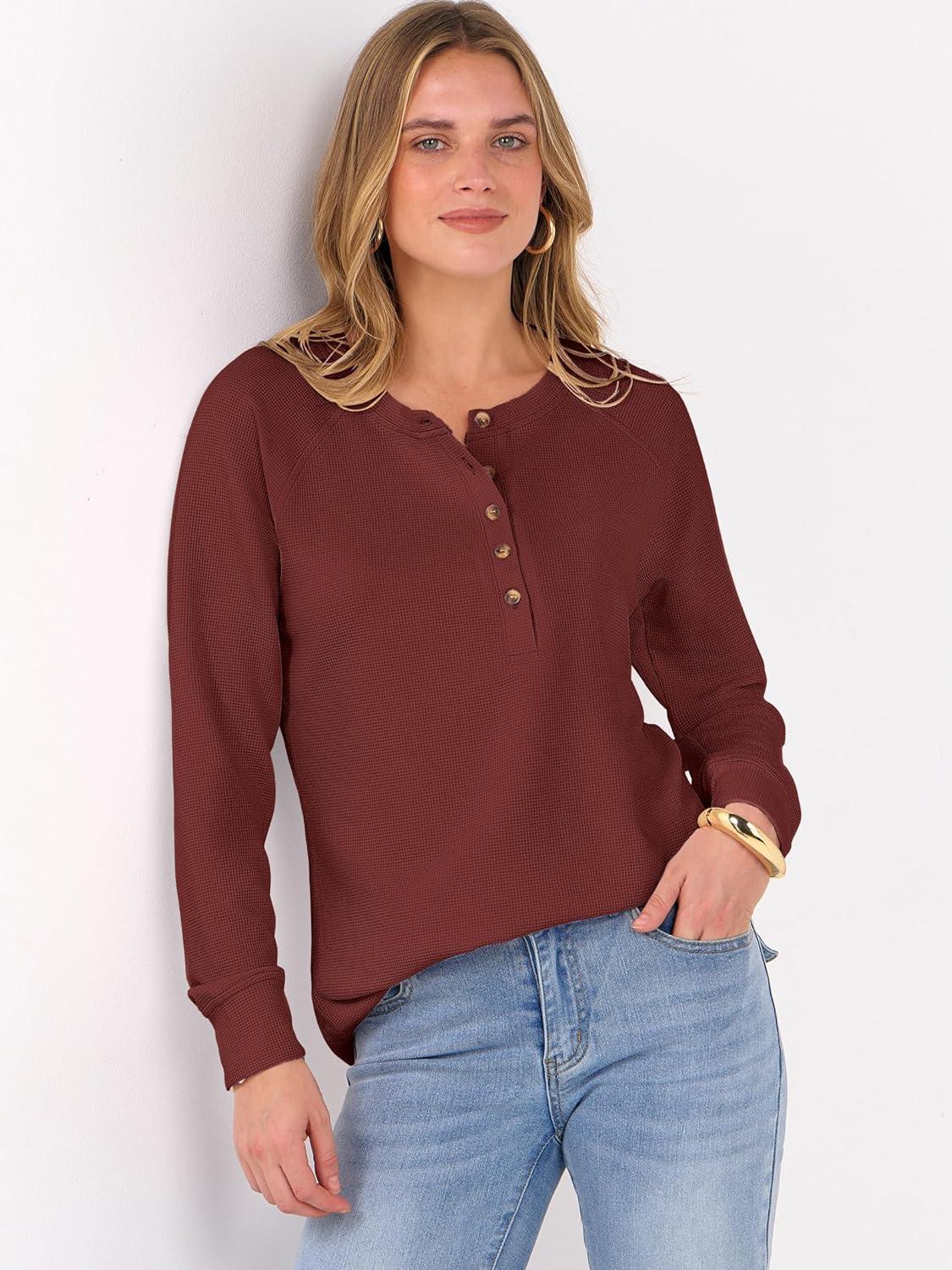 imageANRABESS Womens Long Sleeve Waffle Knit Shirts Dressy Casual Loose Button Up V Neck Henley Tops 2025 Fall Basic Tee BlouseBirck Red