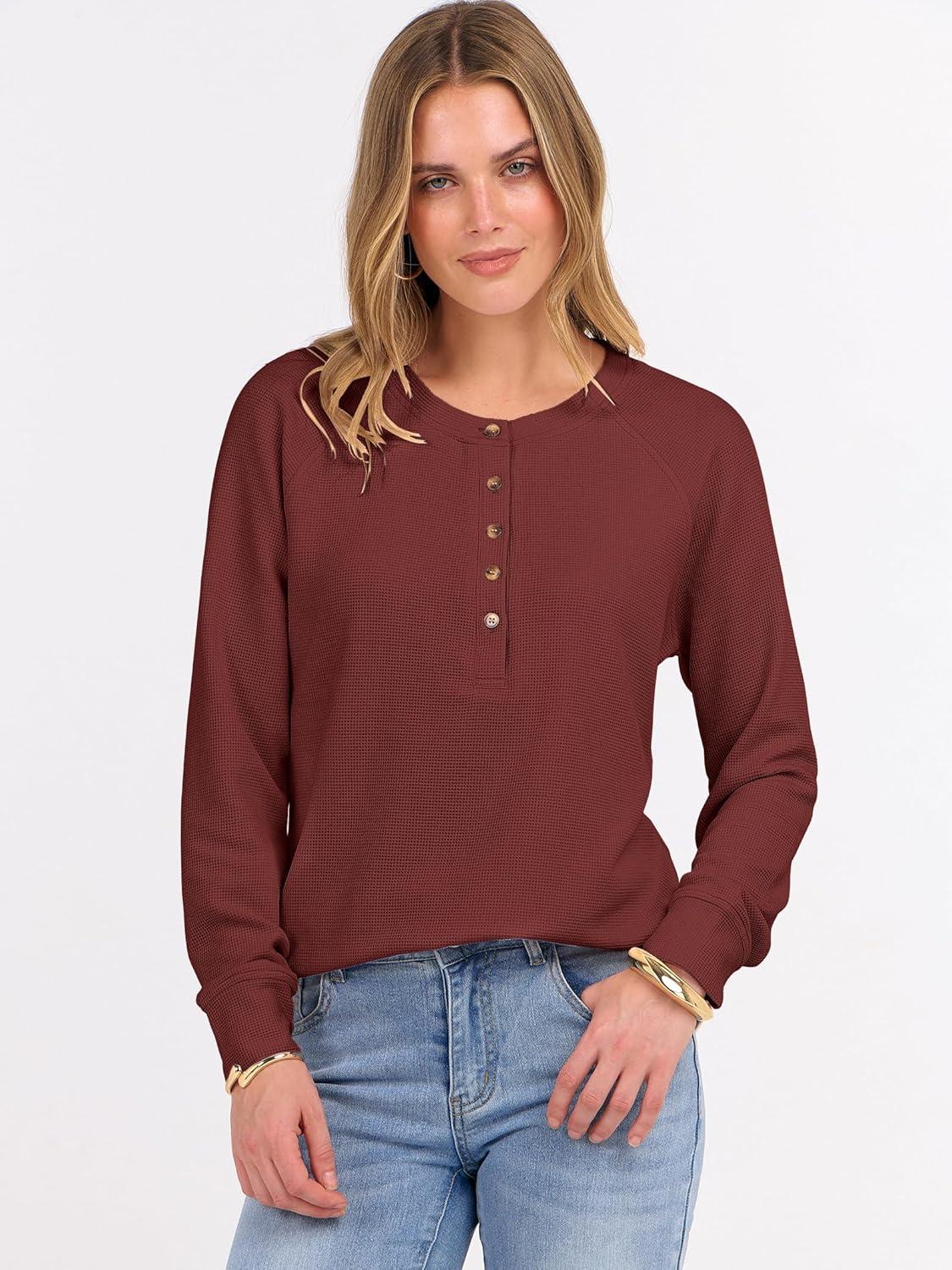 imageANRABESS Womens Long Sleeve Waffle Knit Shirts Dressy Casual Loose Button Up V Neck Henley Tops 2025 Fall Basic Tee BlouseBirck Red