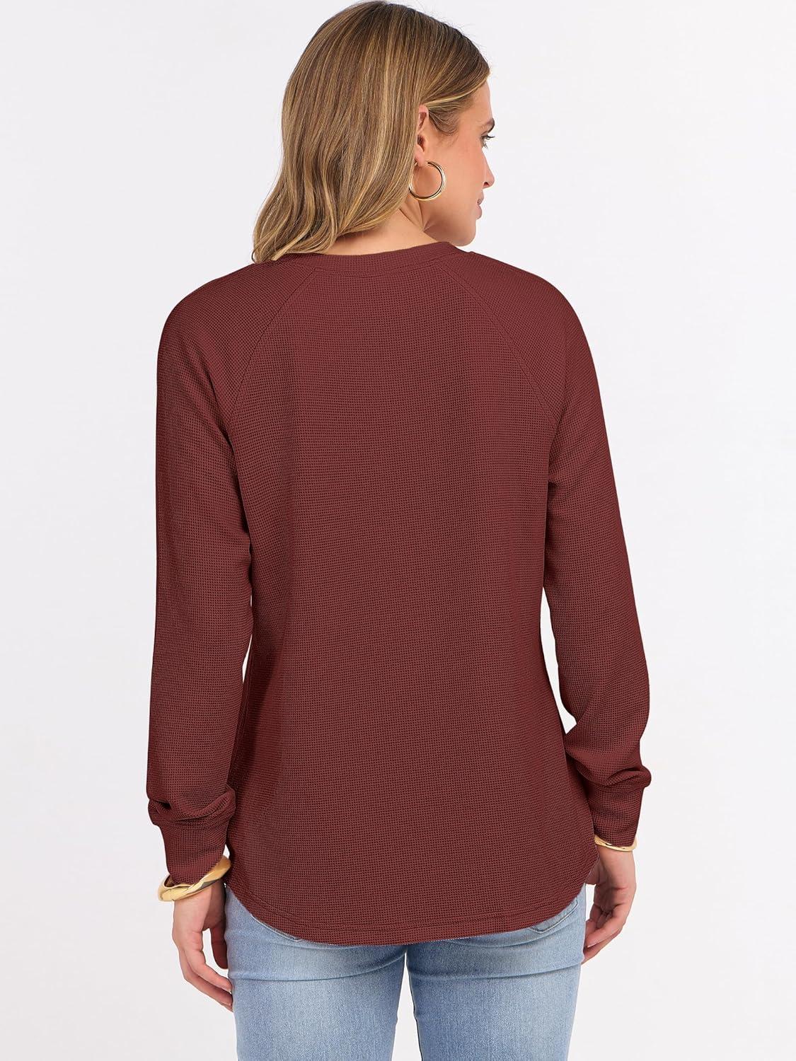 imageANRABESS Womens Long Sleeve Waffle Knit Shirts Dressy Casual Loose Button Up V Neck Henley Tops 2025 Fall Basic Tee BlouseBirck Red