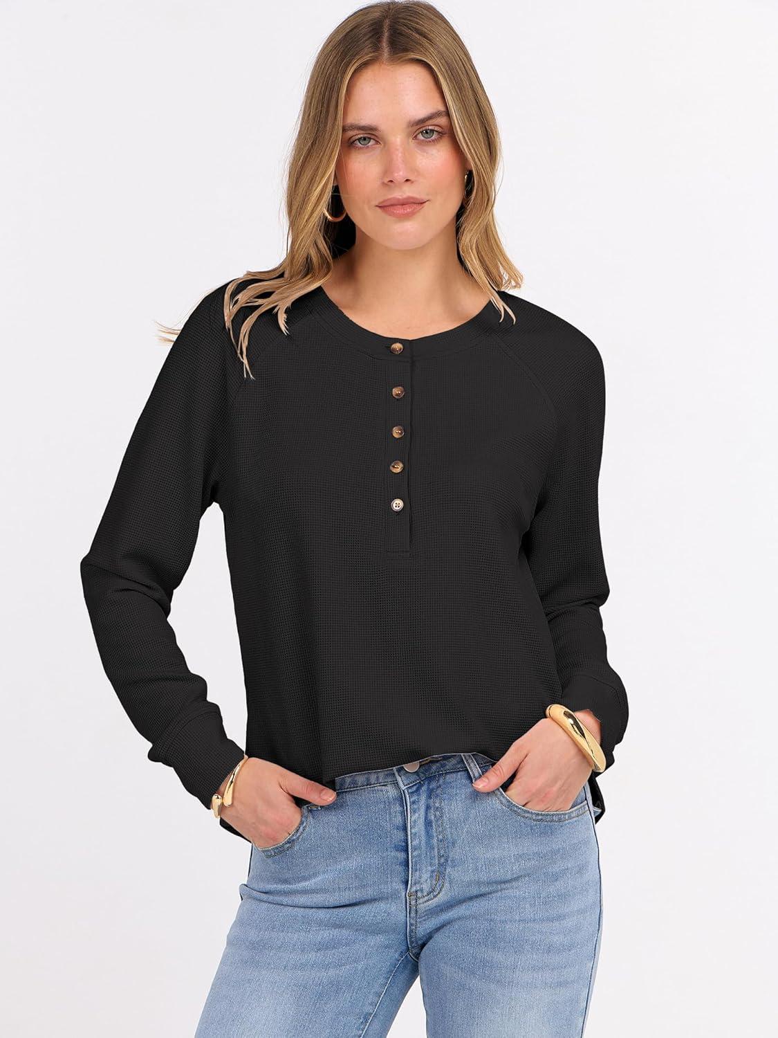 imageANRABESS Womens Long Sleeve Waffle Knit Shirts Dressy Casual Loose Button Up V Neck Henley Tops 2025 Fall Basic Tee BlouseBlack