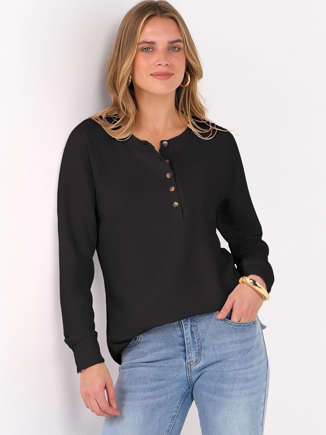 imageANRABESS Womens Long Sleeve Waffle Knit Shirts Dressy Casual Loose Button Up V Neck Henley Tops 2025 Fall Basic Tee BlouseBlack