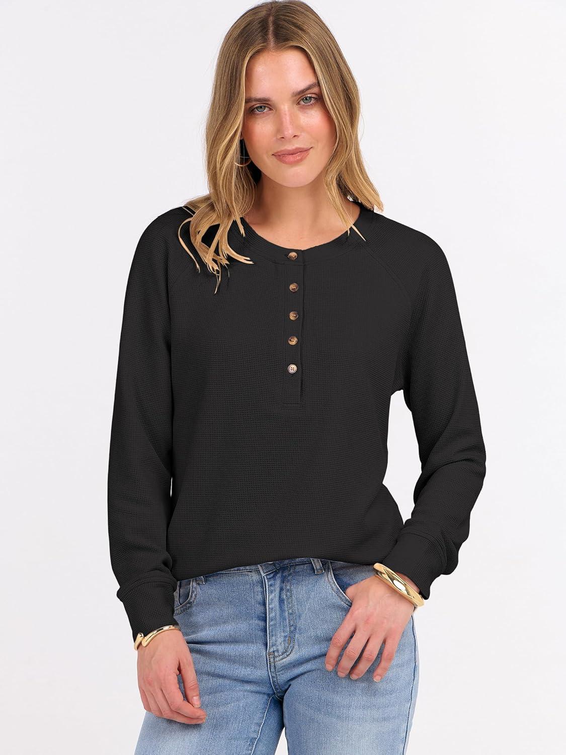 imageANRABESS Womens Long Sleeve Waffle Knit Shirts Dressy Casual Loose Button Up V Neck Henley Tops 2025 Fall Basic Tee BlouseBlack