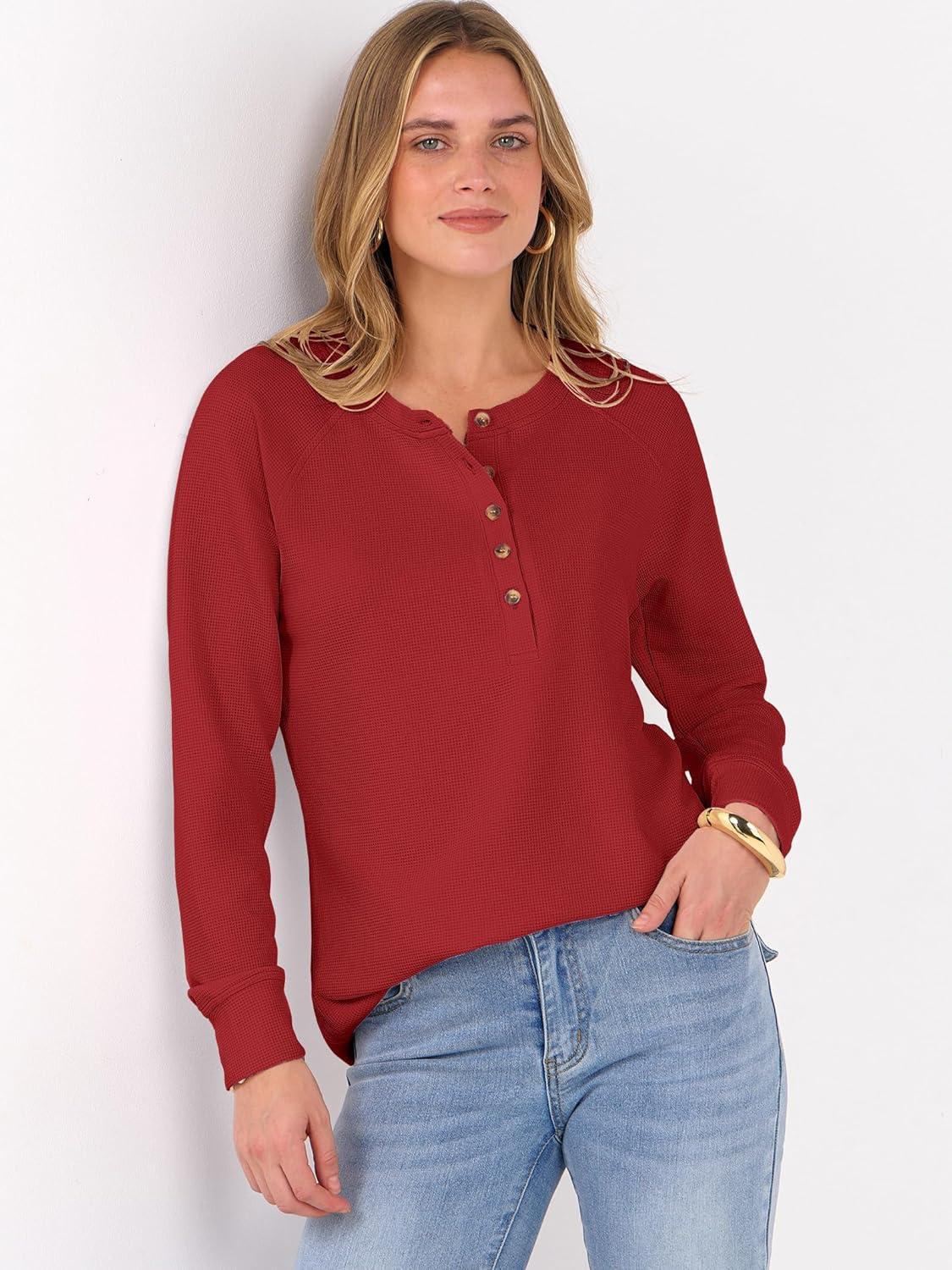 imageANRABESS Womens Long Sleeve Waffle Knit Shirts Dressy Casual Loose Button Up V Neck Henley Tops 2025 Fall Basic Tee BlouseBright Red