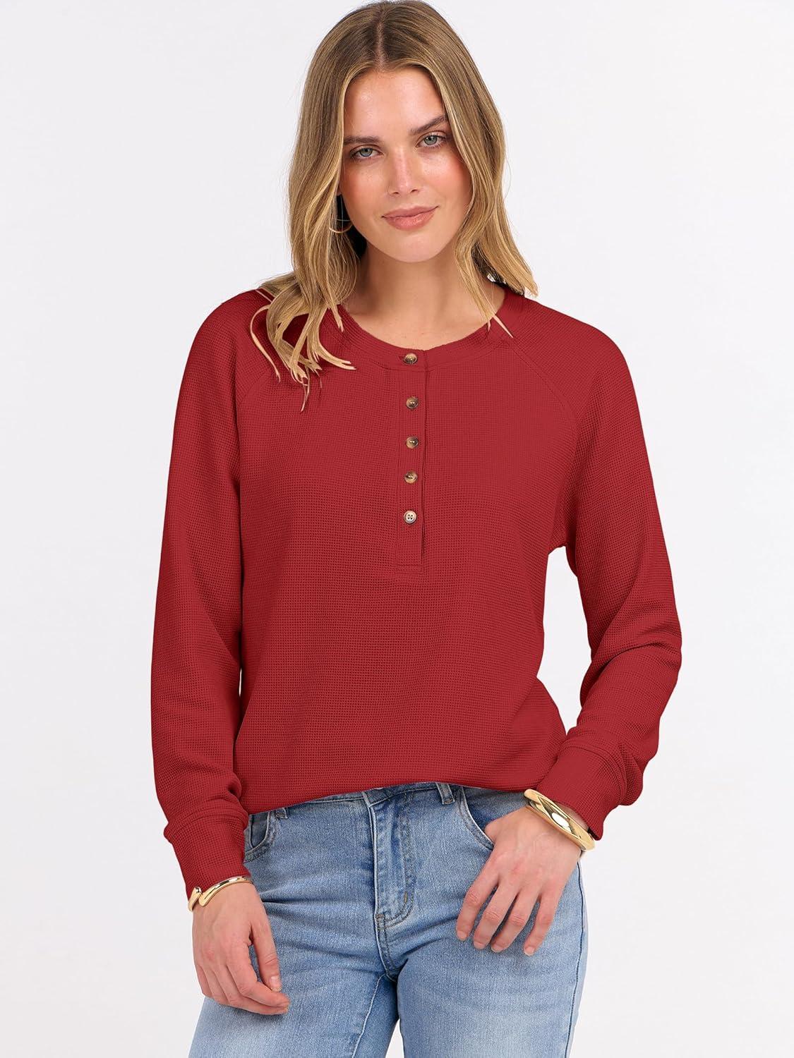 imageANRABESS Womens Long Sleeve Waffle Knit Shirts Dressy Casual Loose Button Up V Neck Henley Tops 2025 Fall Basic Tee BlouseBright Red