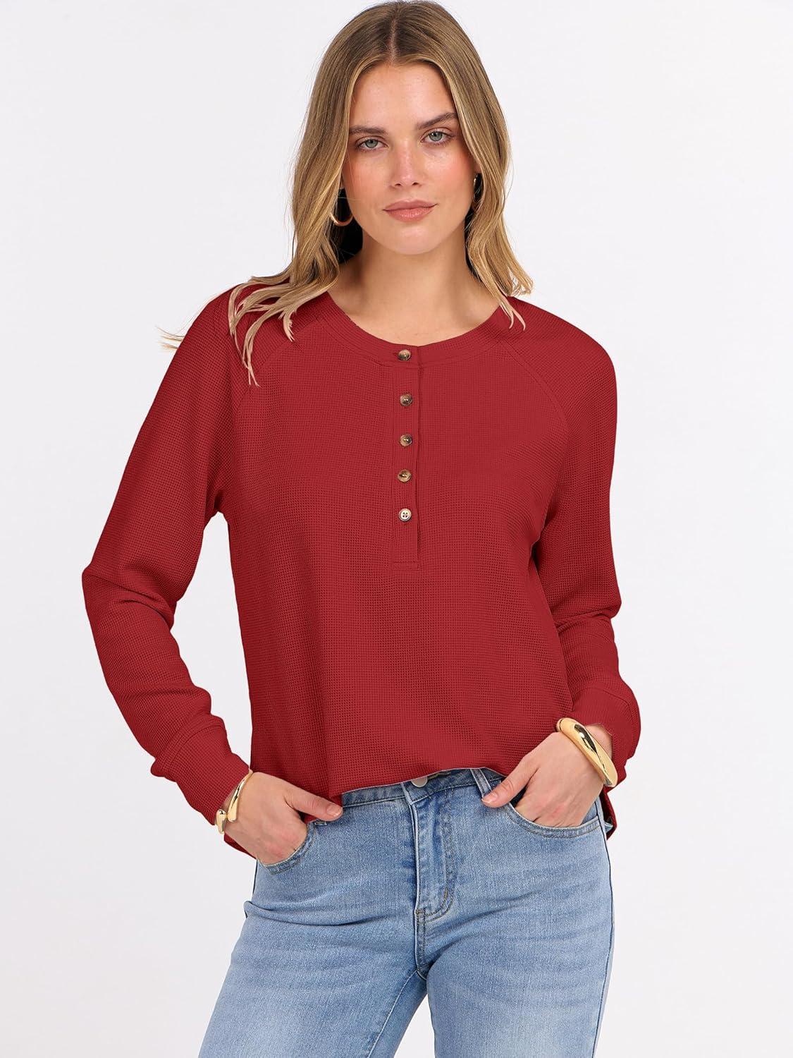 imageANRABESS Womens Long Sleeve Waffle Knit Shirts Dressy Casual Loose Button Up V Neck Henley Tops 2025 Fall Basic Tee BlouseBright Red