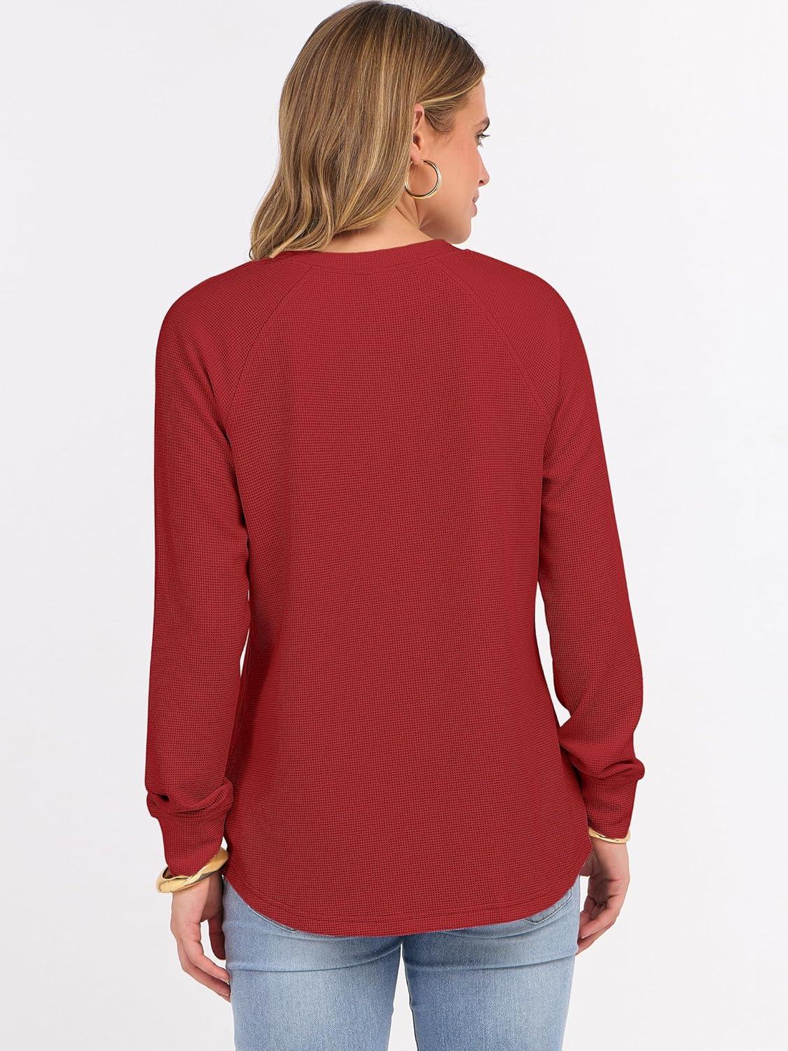 imageANRABESS Womens Long Sleeve Waffle Knit Shirts Dressy Casual Loose Button Up V Neck Henley Tops 2025 Fall Basic Tee BlouseBright Red