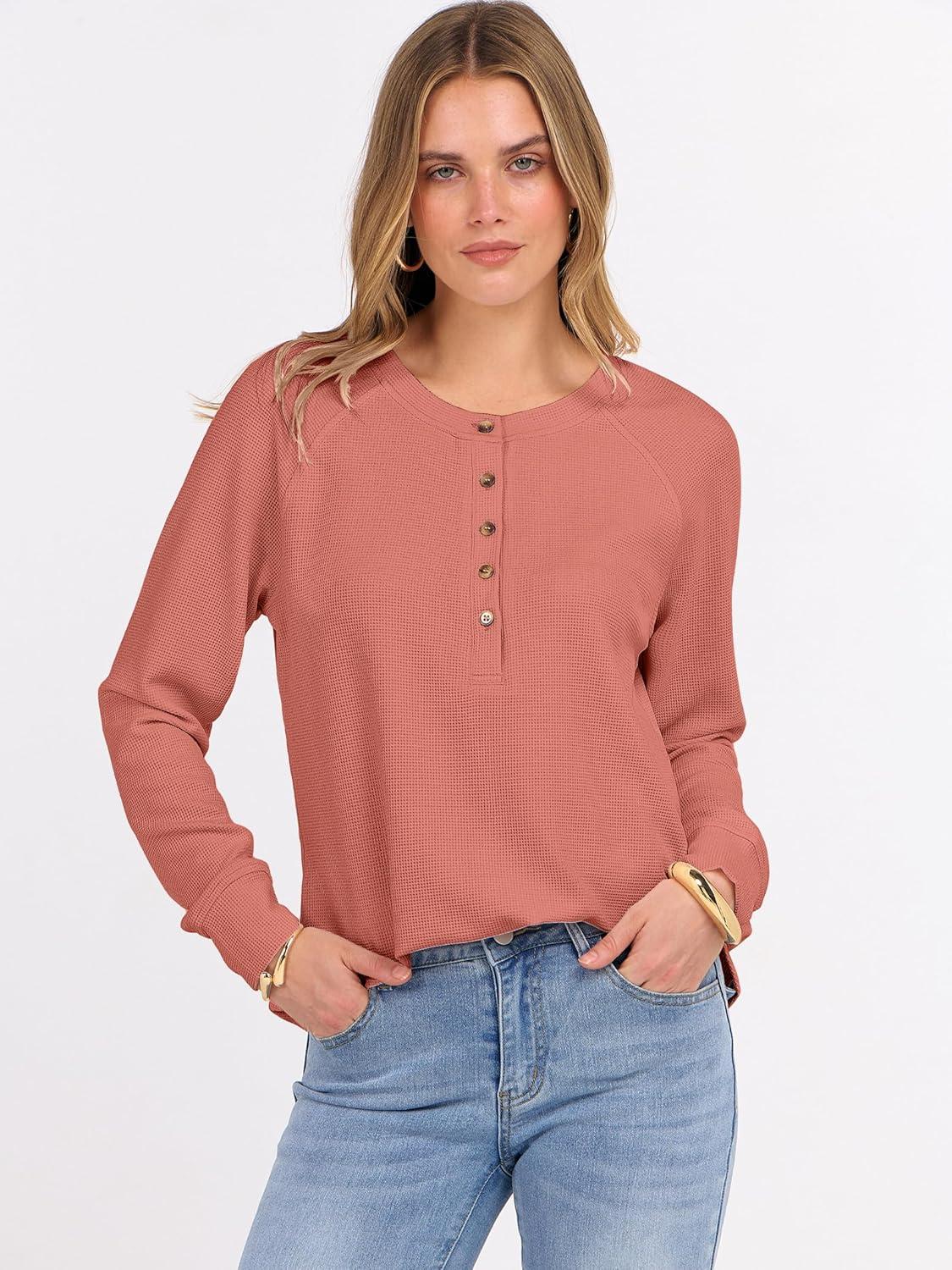 imageANRABESS Womens Long Sleeve Waffle Knit Shirts Dressy Casual Loose Button Up V Neck Henley Tops 2025 Fall Basic Tee BlouseCoral