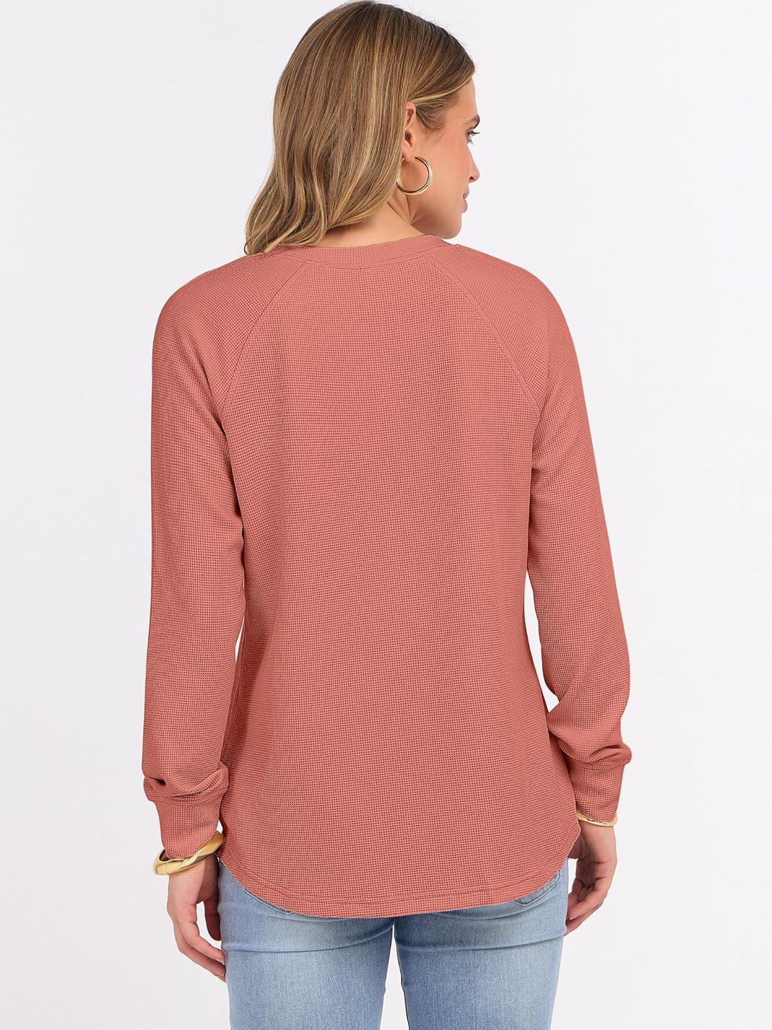 imageANRABESS Womens Long Sleeve Waffle Knit Shirts Dressy Casual Loose Button Up V Neck Henley Tops 2025 Fall Basic Tee BlouseCoral