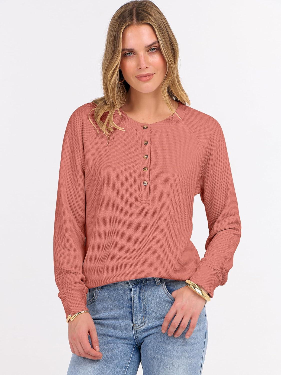 imageANRABESS Womens Long Sleeve Waffle Knit Shirts Dressy Casual Loose Button Up V Neck Henley Tops 2025 Fall Basic Tee BlouseCoral