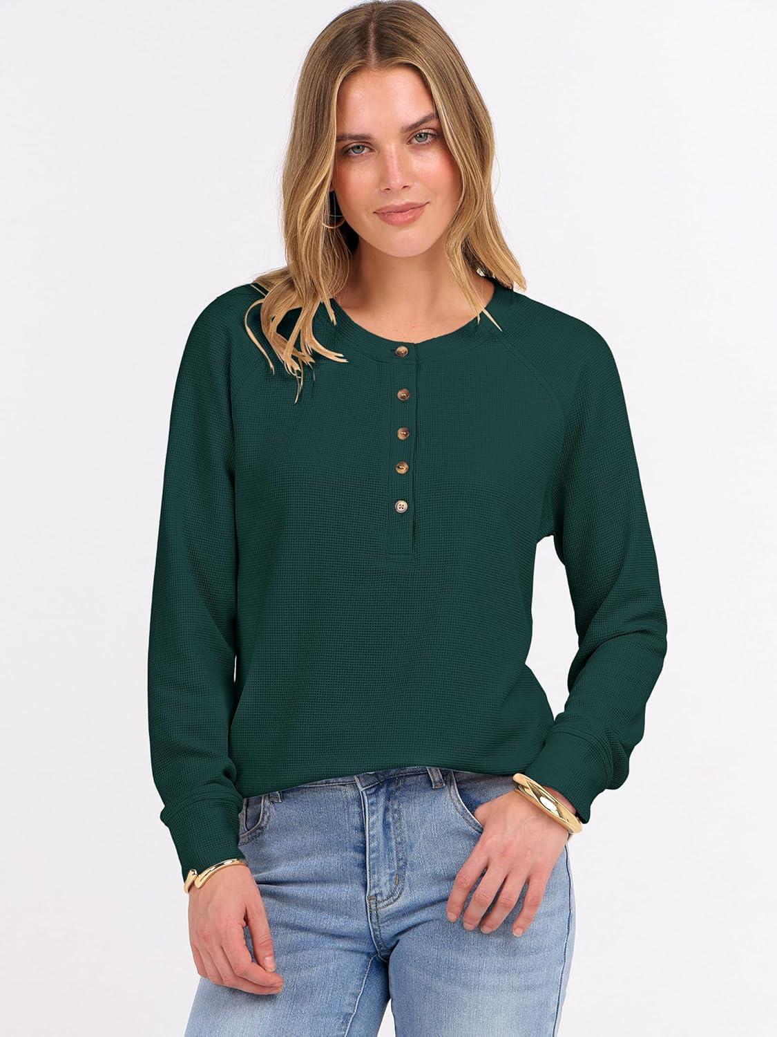 imageANRABESS Womens Long Sleeve Waffle Knit Shirts Dressy Casual Loose Button Up V Neck Henley Tops 2025 Fall Basic Tee BlouseDeep Green