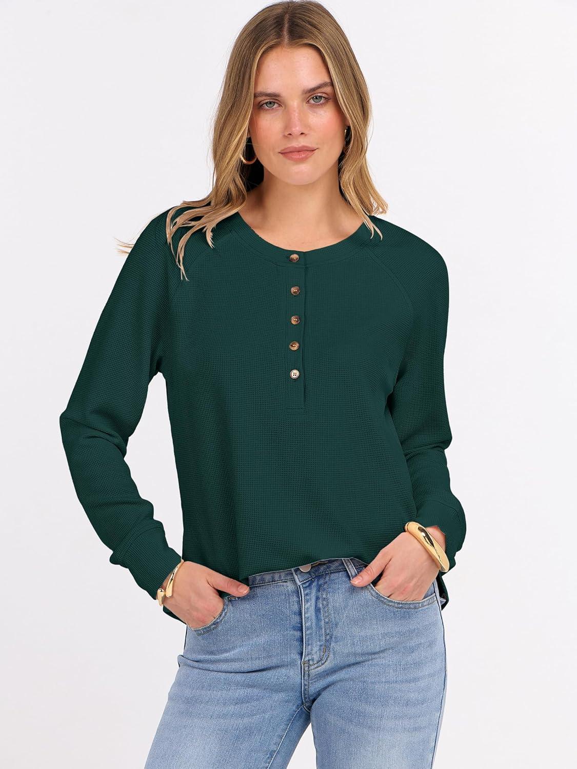 imageANRABESS Womens Long Sleeve Waffle Knit Shirts Dressy Casual Loose Button Up V Neck Henley Tops 2025 Fall Basic Tee BlouseDeep Green