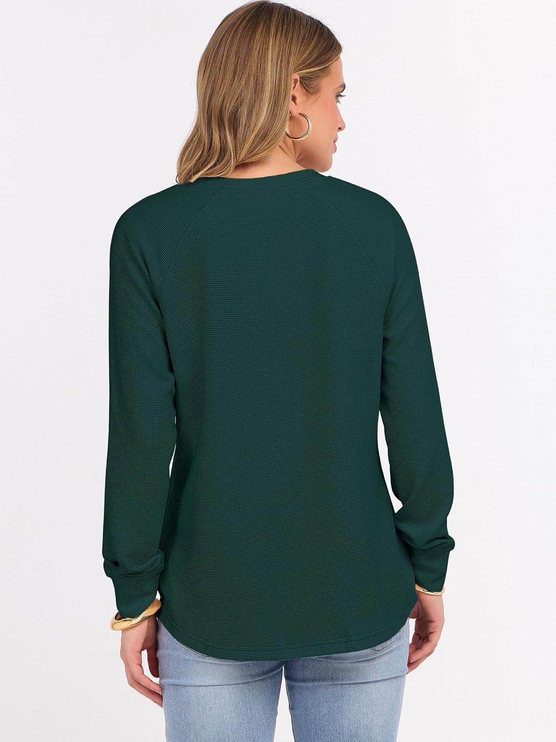 imageANRABESS Womens Long Sleeve Waffle Knit Shirts Dressy Casual Loose Button Up V Neck Henley Tops 2025 Fall Basic Tee BlouseDeep Green