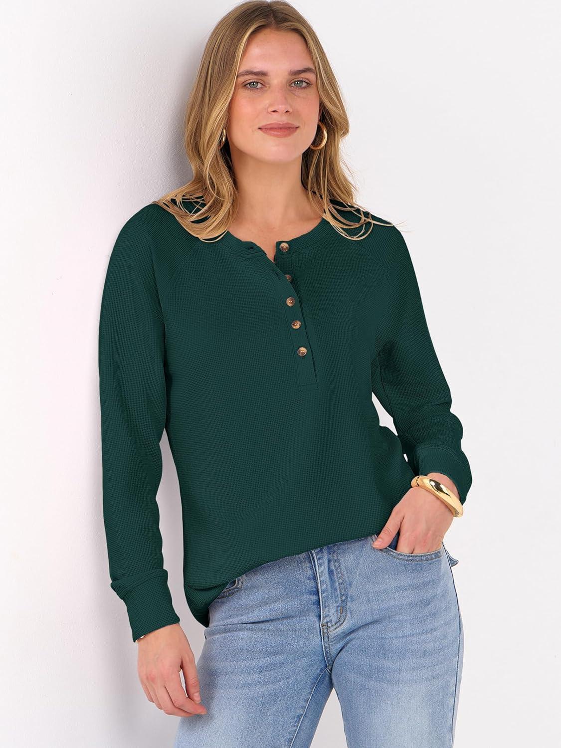 imageANRABESS Womens Long Sleeve Waffle Knit Shirts Dressy Casual Loose Button Up V Neck Henley Tops 2025 Fall Basic Tee BlouseDeep Green