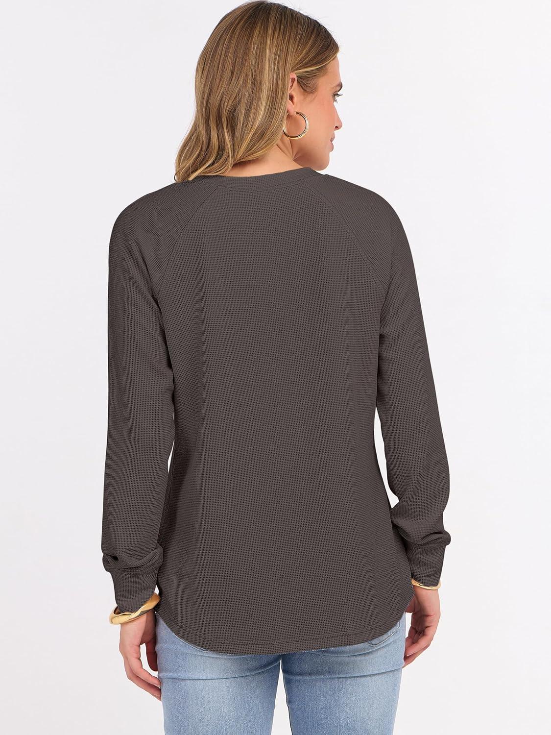 imageANRABESS Womens Long Sleeve Waffle Knit Shirts Dressy Casual Loose Button Up V Neck Henley Tops 2025 Fall Basic Tee BlouseLight Brown