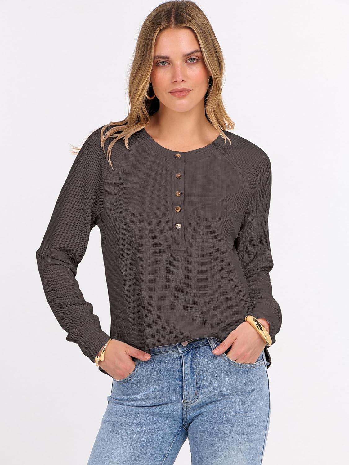 imageANRABESS Womens Long Sleeve Waffle Knit Shirts Dressy Casual Loose Button Up V Neck Henley Tops 2025 Fall Basic Tee BlouseLight Brown