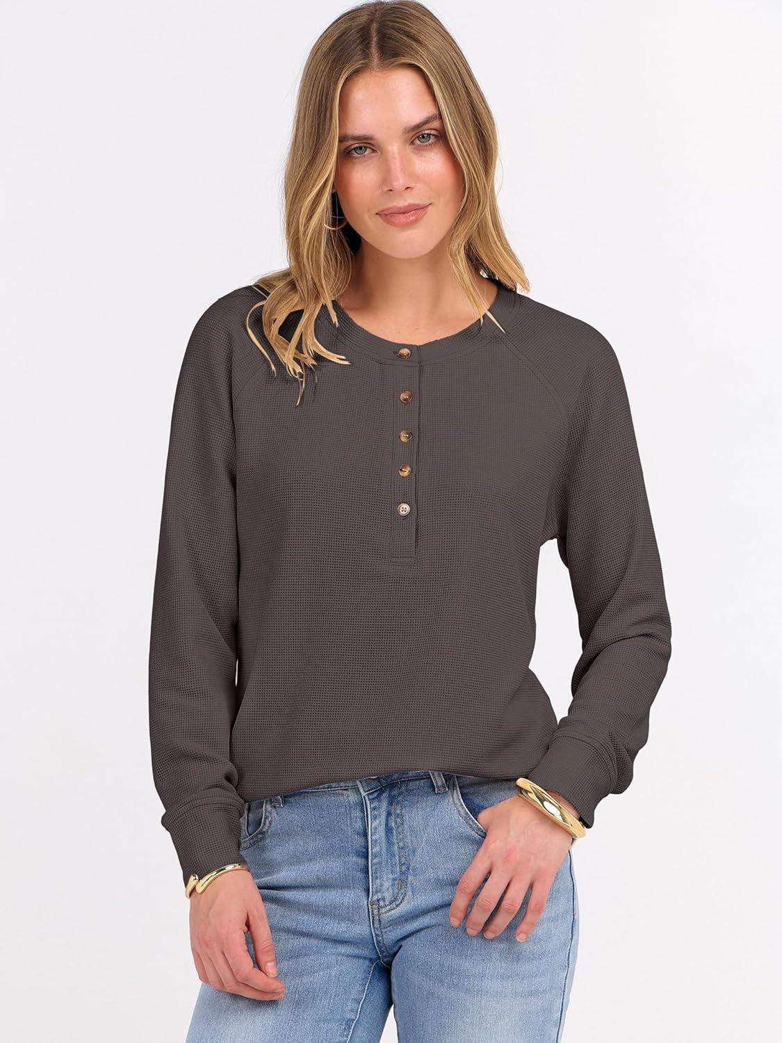 imageANRABESS Womens Long Sleeve Waffle Knit Shirts Dressy Casual Loose Button Up V Neck Henley Tops 2025 Fall Basic Tee BlouseLight Brown