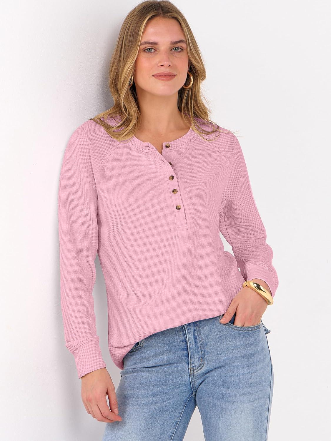 imageANRABESS Womens Long Sleeve Waffle Knit Shirts Dressy Casual Loose Button Up V Neck Henley Tops 2025 Fall Basic Tee BlouseLight Pink