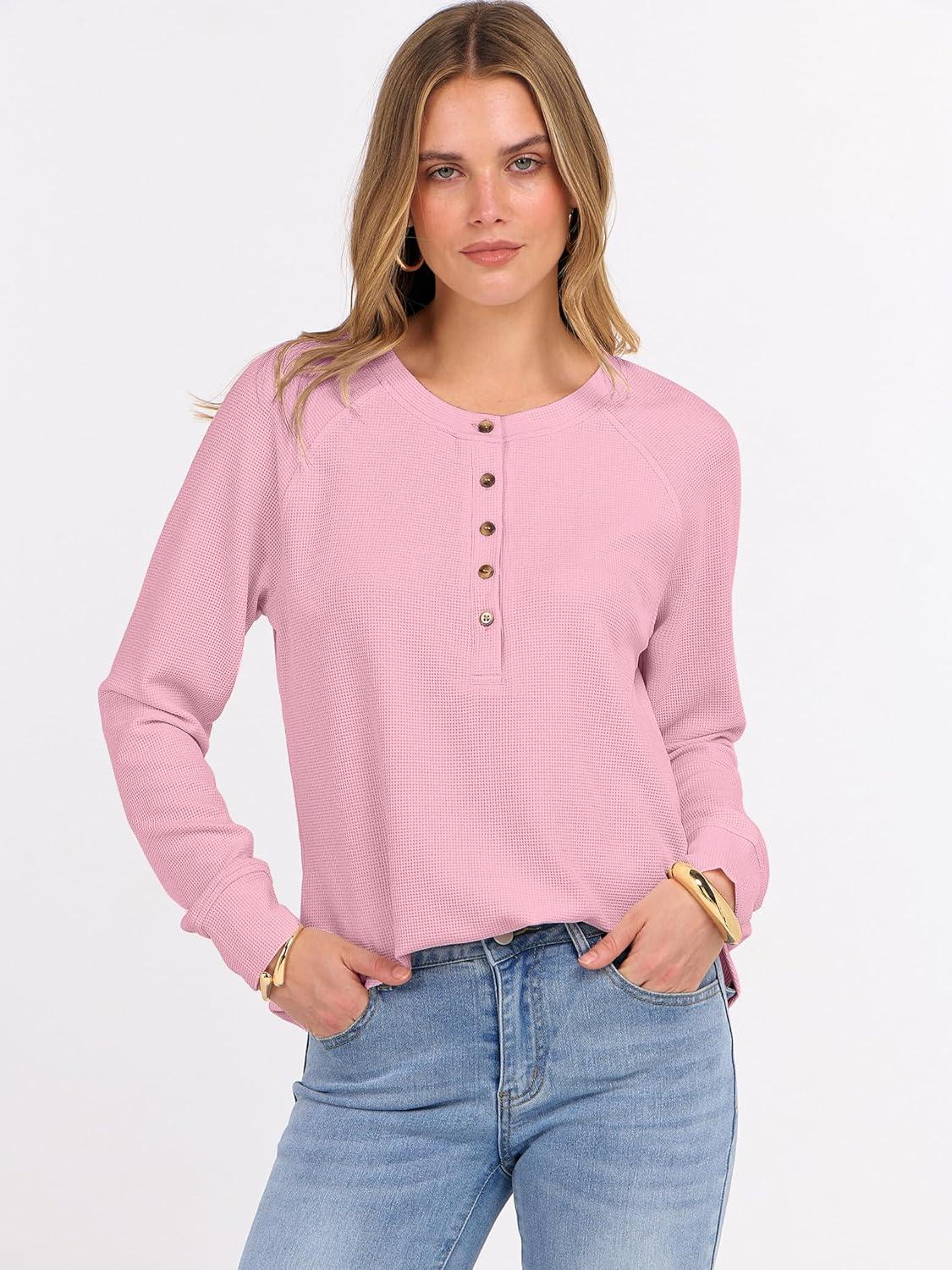 imageANRABESS Womens Long Sleeve Waffle Knit Shirts Dressy Casual Loose Button Up V Neck Henley Tops 2025 Fall Basic Tee BlouseLight Pink