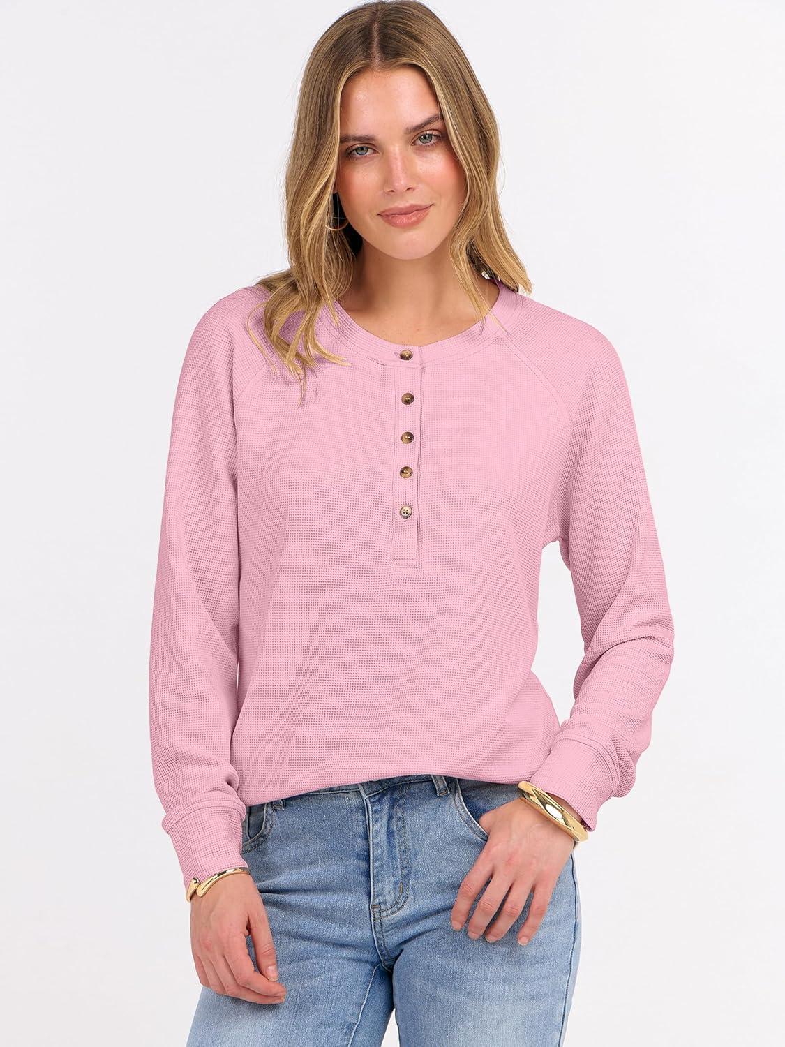 imageANRABESS Womens Long Sleeve Waffle Knit Shirts Dressy Casual Loose Button Up V Neck Henley Tops 2025 Fall Basic Tee BlouseLight Pink