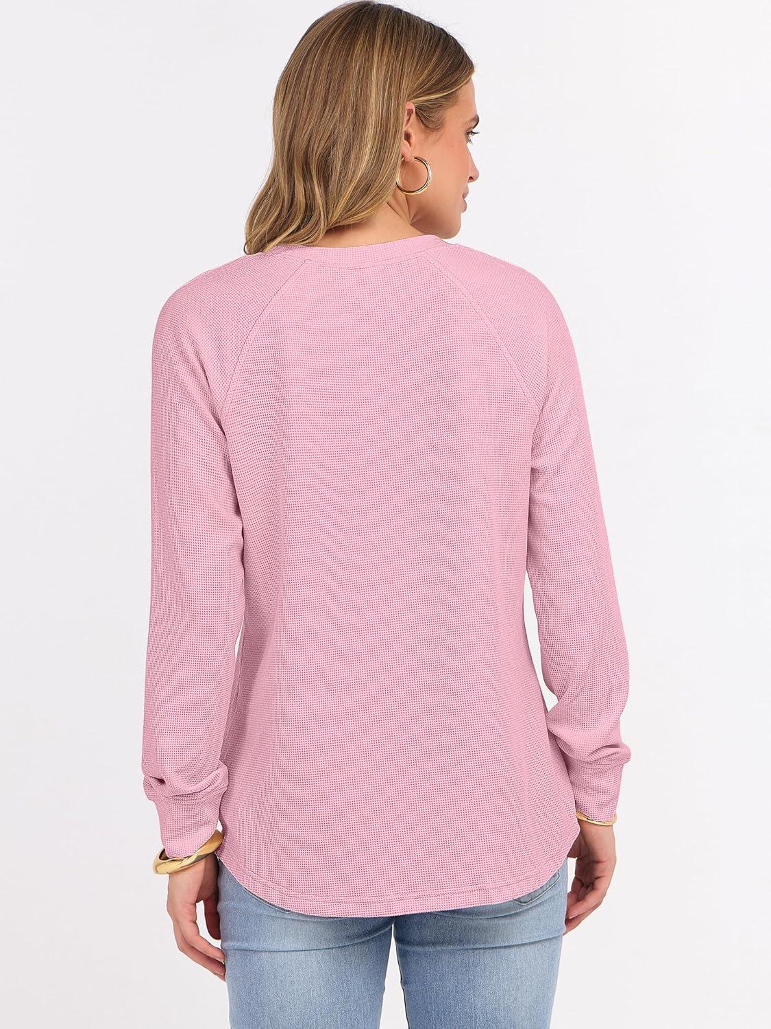 imageANRABESS Womens Long Sleeve Waffle Knit Shirts Dressy Casual Loose Button Up V Neck Henley Tops 2025 Fall Basic Tee BlouseLight Pink