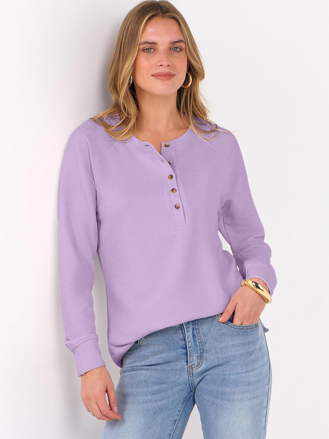 imageANRABESS Womens Long Sleeve Waffle Knit Shirts Dressy Casual Loose Button Up V Neck Henley Tops 2025 Fall Basic Tee BlouseLight Purple