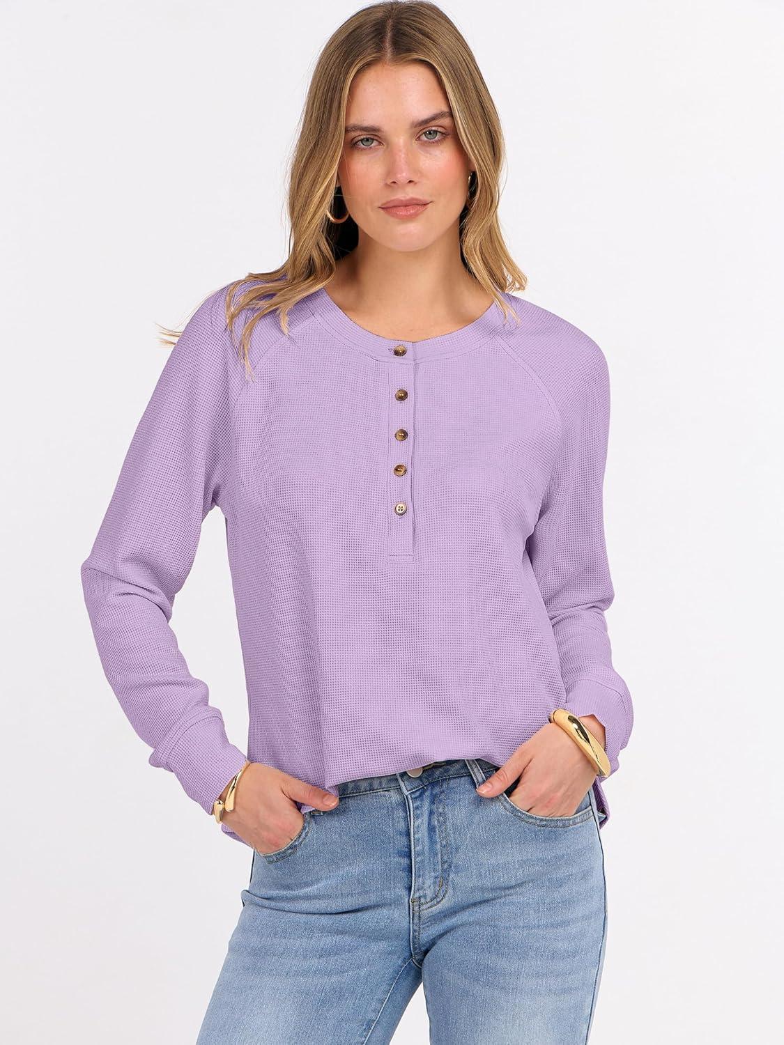 imageANRABESS Womens Long Sleeve Waffle Knit Shirts Dressy Casual Loose Button Up V Neck Henley Tops 2025 Fall Basic Tee BlouseLight Purple