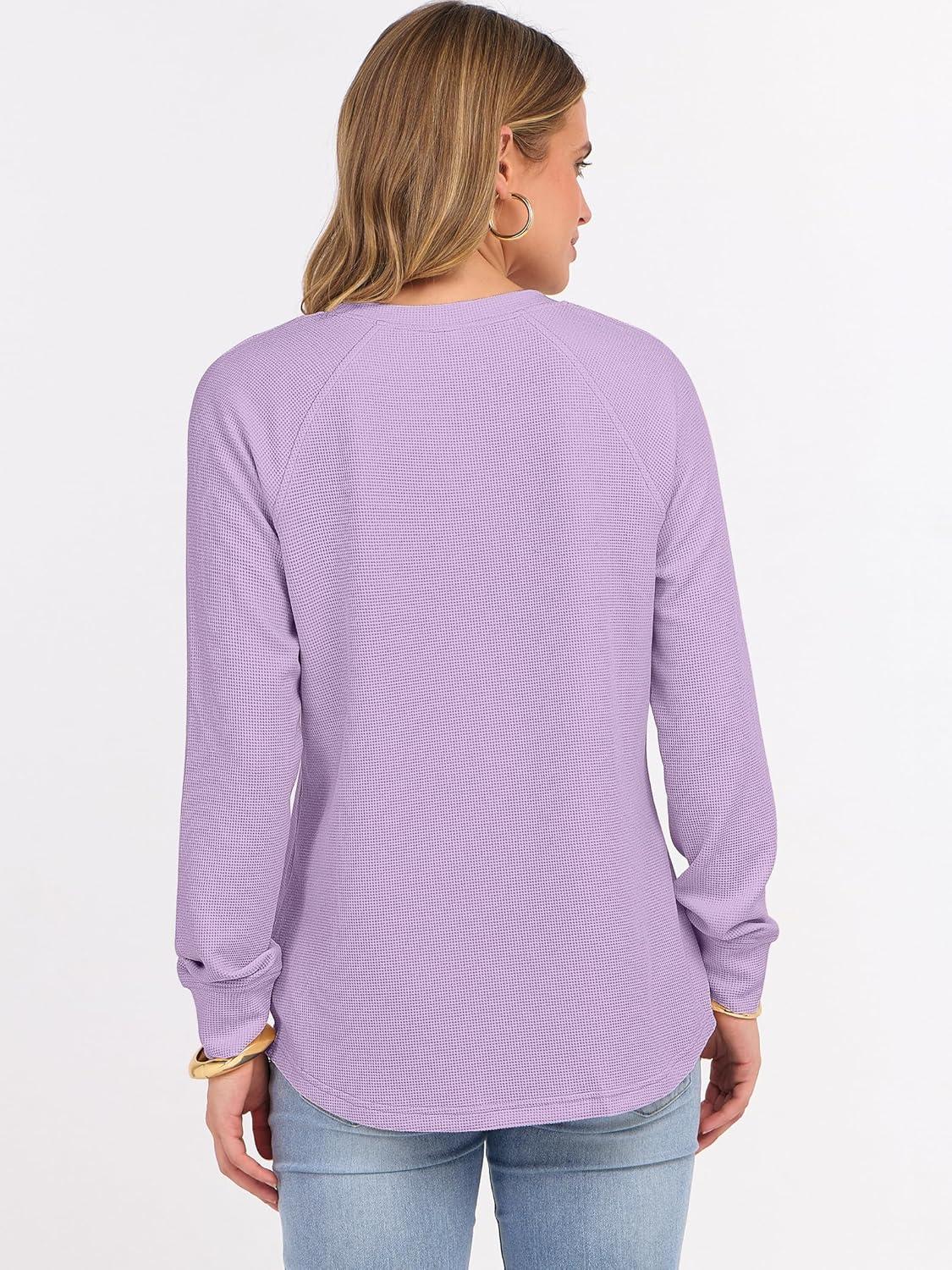 imageANRABESS Womens Long Sleeve Waffle Knit Shirts Dressy Casual Loose Button Up V Neck Henley Tops 2025 Fall Basic Tee BlouseLight Purple