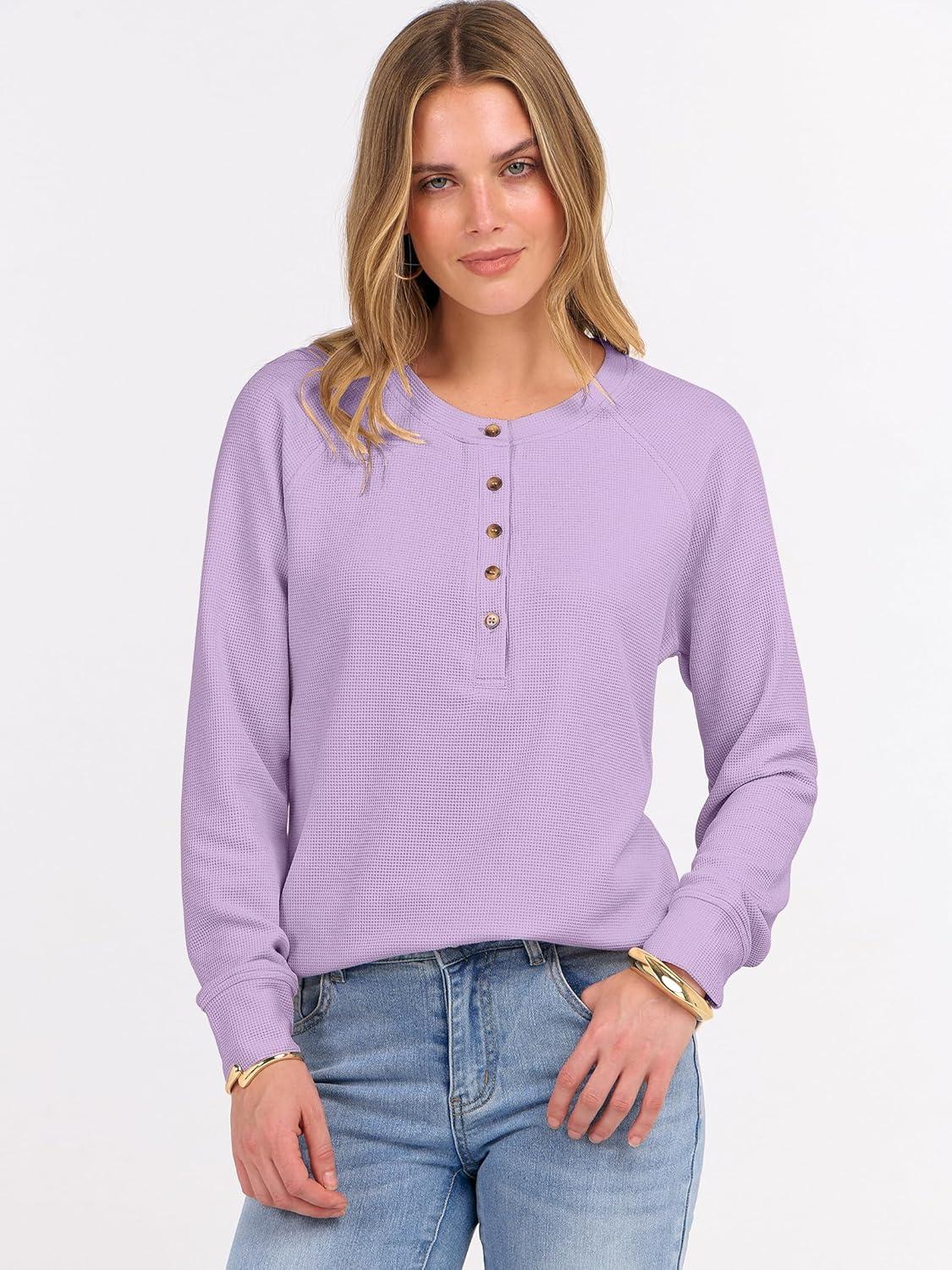 imageANRABESS Womens Long Sleeve Waffle Knit Shirts Dressy Casual Loose Button Up V Neck Henley Tops 2025 Fall Basic Tee BlouseLight Purple